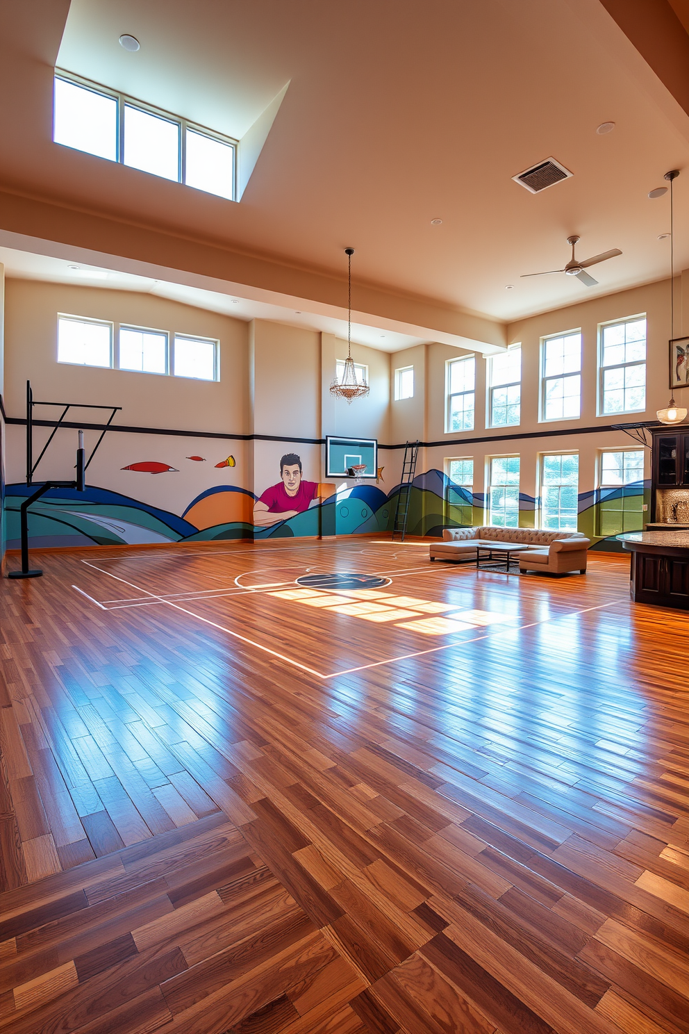 An indoor sports court designed for recreational use features a spacious layout with high ceilings and ample natural light streaming through large windows. The flooring is made of polished hardwood, providing an ideal surface for various sports activities, while colorful wall murals add a vibrant touch to the space. The luxury basement design includes a cozy lounge area with plush seating and a modern entertainment system. Elegant lighting fixtures hang from the ceiling, and a stylish wet bar with high-end finishes complements the overall aesthetic of comfort and sophistication.