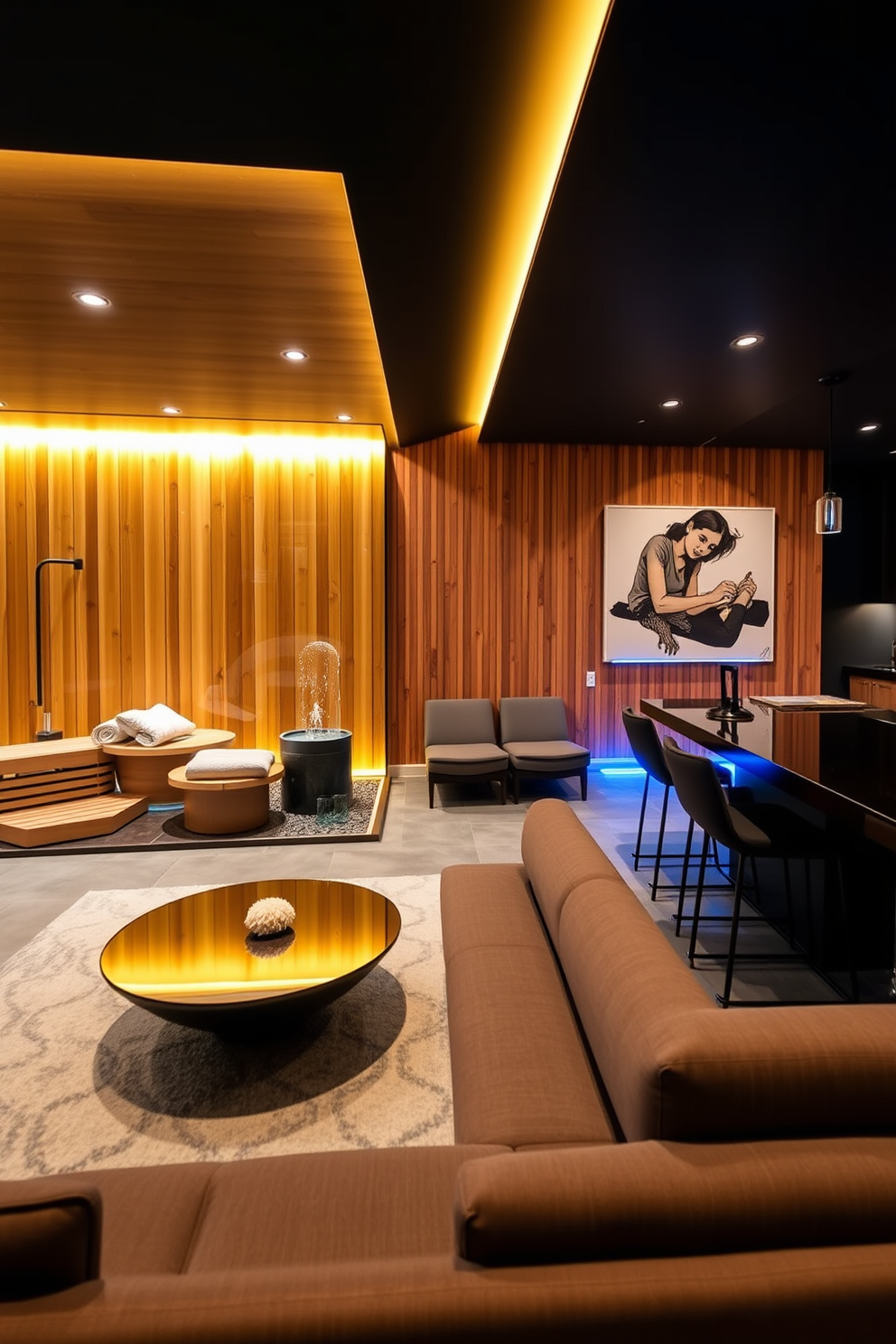 A luxurious sauna features warm wooden panels and soft ambient lighting. Adjacent to the sauna, a relaxation zone is equipped with plush lounge chairs and a small indoor fountain. The basement design showcases a modern entertainment area with a large sectional sofa and a sleek coffee table. Walls are adorned with contemporary art, and a wet bar with stylish stools completes the inviting atmosphere.