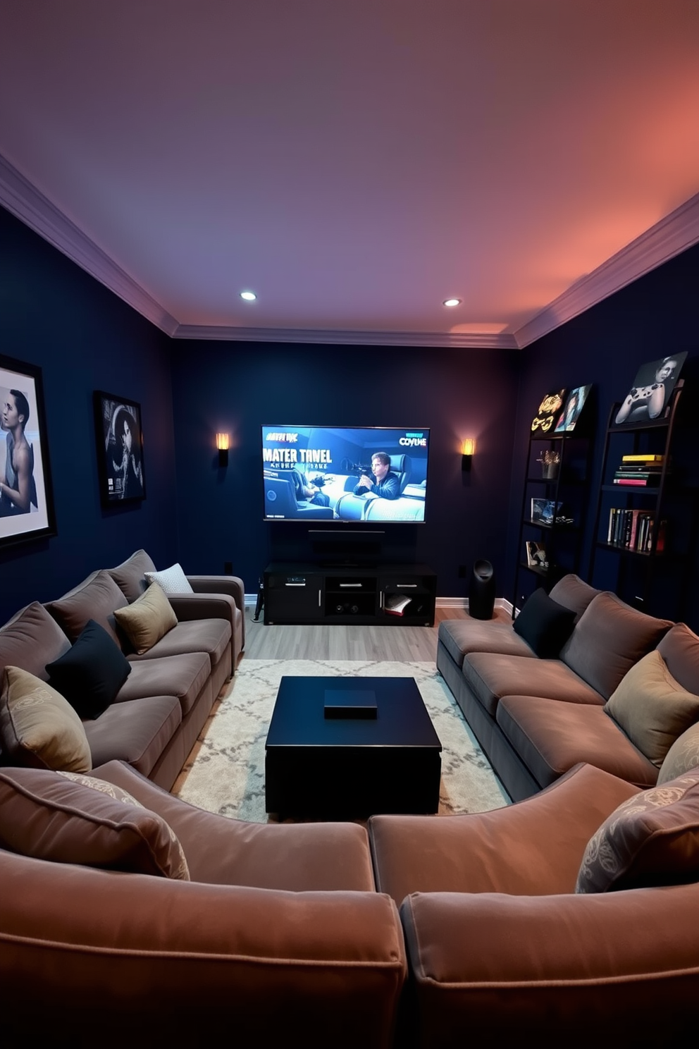 A cozy game console area featuring plush sectional seating arranged in a semi-circle. The walls are painted in a deep navy blue, and ambient lighting creates a relaxed atmosphere. A large flat-screen TV is mounted on the wall opposite the seating, with a sleek entertainment unit below. The floor is covered with a soft area rug, and shelves display gaming memorabilia and books.