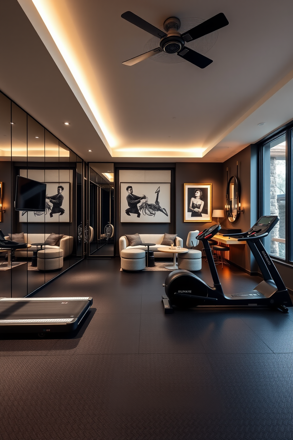 A chic home gym with mirrored walls features sleek black rubber flooring and state-of-the-art exercise equipment. Large windows allow natural light to flood the space, creating an inviting atmosphere for workouts. Luxury basement design ideas include a cozy lounge area with plush seating and a custom-built bar. The walls are adorned with elegant artwork, and soft ambient lighting enhances the overall sophistication of the space.