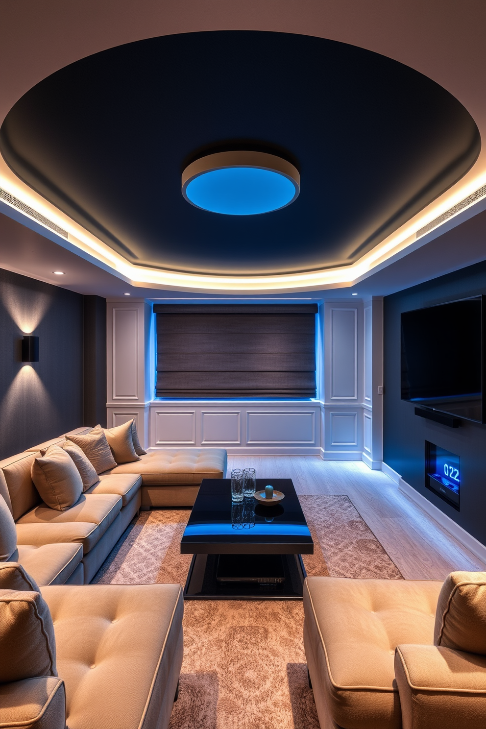 A luxurious basement designed for comfort and entertainment features smart home technology seamlessly integrated into every aspect. Ambient lighting can be controlled via a mobile app, while a state-of-the-art sound system provides immersive audio for movie nights. The space includes a plush sectional sofa arranged around a sleek coffee table, with a large flat-screen TV mounted on the wall. Smart thermostats and automated window treatments enhance the atmosphere, ensuring perfect climate control and privacy.