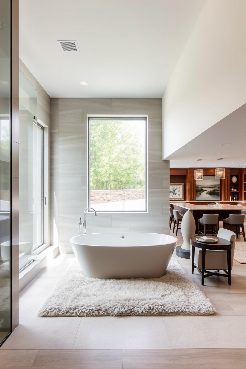 A spa-like bathroom features a freestanding soaking tub positioned beneath a large window that allows natural light to flood the space. The walls are adorned with soft gray tiles, and a plush area rug lies beneath the tub, creating a serene atmosphere. The luxury basement design incorporates a spacious lounge area with a custom-built bar and comfortable seating arrangements. Elegant lighting fixtures hang from the ceiling, and the walls are finished with rich wood paneling, providing a warm and inviting ambiance.