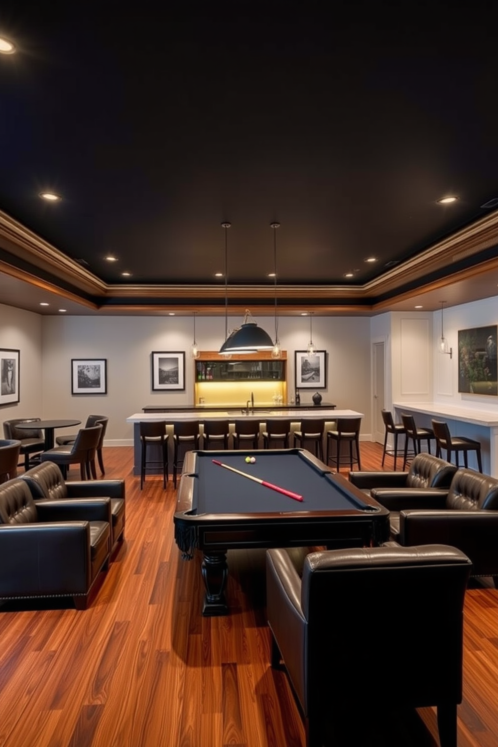 A stylish game room featuring a billiards table at the center surrounded by comfortable leather seating. The bar area is equipped with high stools and a sleek countertop, illuminated by pendant lights hanging from the ceiling. The walls are adorned with framed artwork and soft lighting creates a warm ambiance. Rich wooden flooring complements the overall luxurious feel of the basement design.