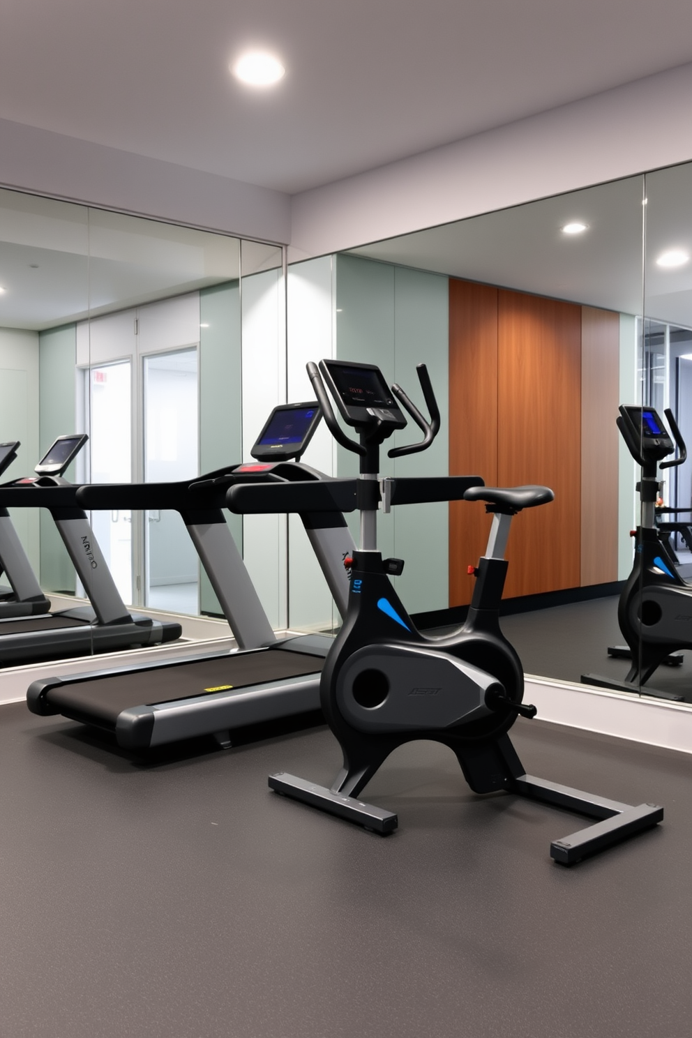 A modern fitness area featuring state-of-the-art equipment. The space includes a sleek treadmill and a high-tech stationary bike, both positioned in front of a large wall mirror that reflects natural light. The flooring is a durable rubber material, providing comfort and support during workouts. Accent lighting highlights the gym's features, creating an inviting atmosphere for fitness enthusiasts.