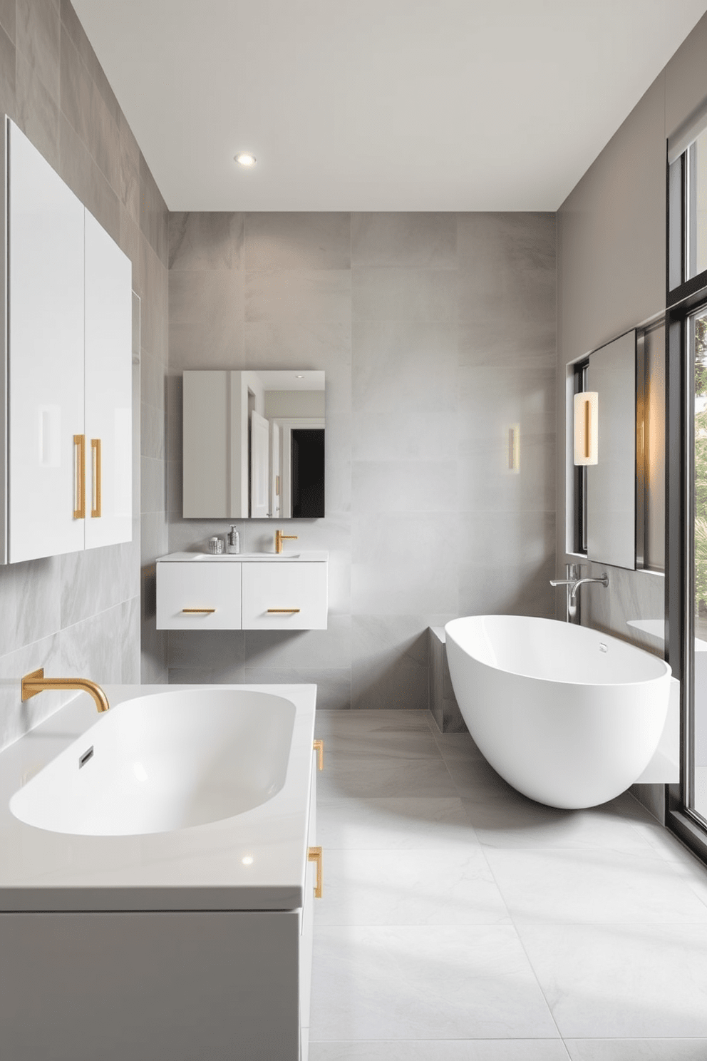 A modern bathroom featuring floating vanities with sleek finishes. The vanities are wall-mounted and have a glossy white surface, complemented by elegant gold hardware. The space is adorned with large format tiles in a soft gray tone. A freestanding soaking tub sits beside a floor-to-ceiling window, allowing natural light to fill the room.