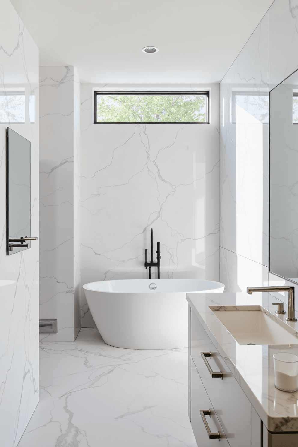 A luxury bathroom featuring wall-mounted faucets that enhance the clean aesthetic. The space includes a freestanding soaking tub positioned under a large window, allowing natural light to flood the room. The walls are adorned with elegant marble tiles that reflect sophistication and style. A sleek double vanity with a polished stone countertop complements the modern fixtures and provides ample storage space.