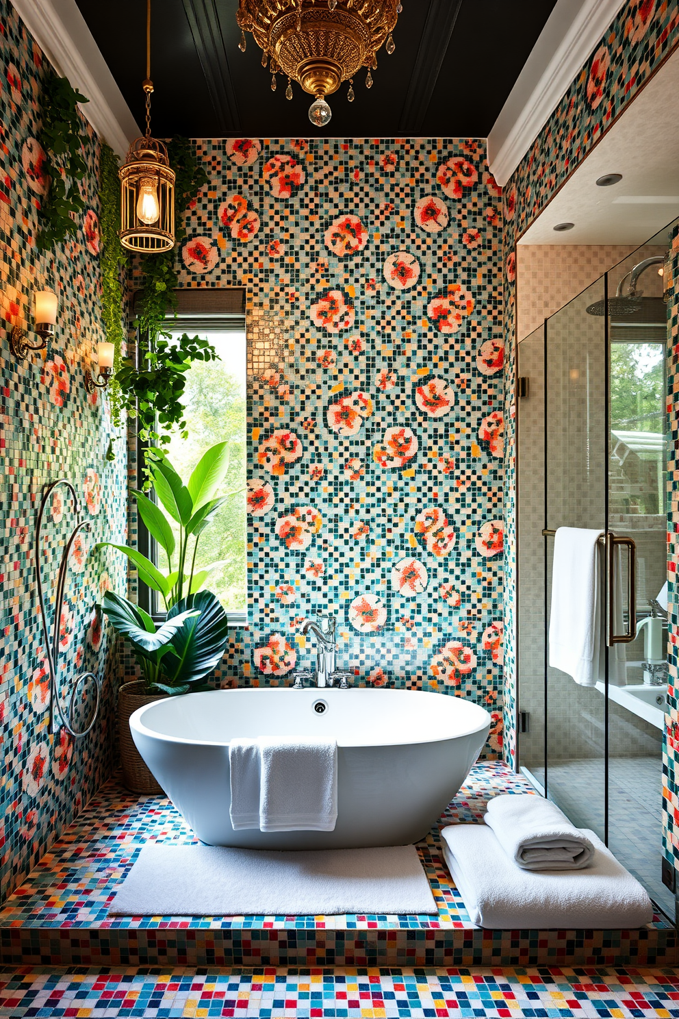 A luxurious bathroom featuring colorful mosaic tiles that create a vibrant and inviting atmosphere. The space includes a freestanding soaking tub surrounded by lush greenery and elegant lighting fixtures. The walls are adorned with intricate tile patterns that complement the overall design. A spacious walk-in shower with glass doors adds a modern touch, while plush towels and stylish accessories complete the look.