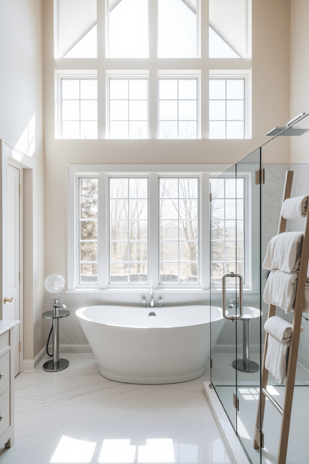 A luxurious bathroom bathed in natural light streaming through oversized windows. The space features a freestanding soaking tub positioned under the windows, complemented by a sleek marble surround and elegant chrome fixtures. The walls are adorned with soft, neutral tones, creating a serene atmosphere. A spacious walk-in shower with glass doors and rainfall showerhead adds a modern touch, while plush towels are neatly arranged on a stylish ladder rack.