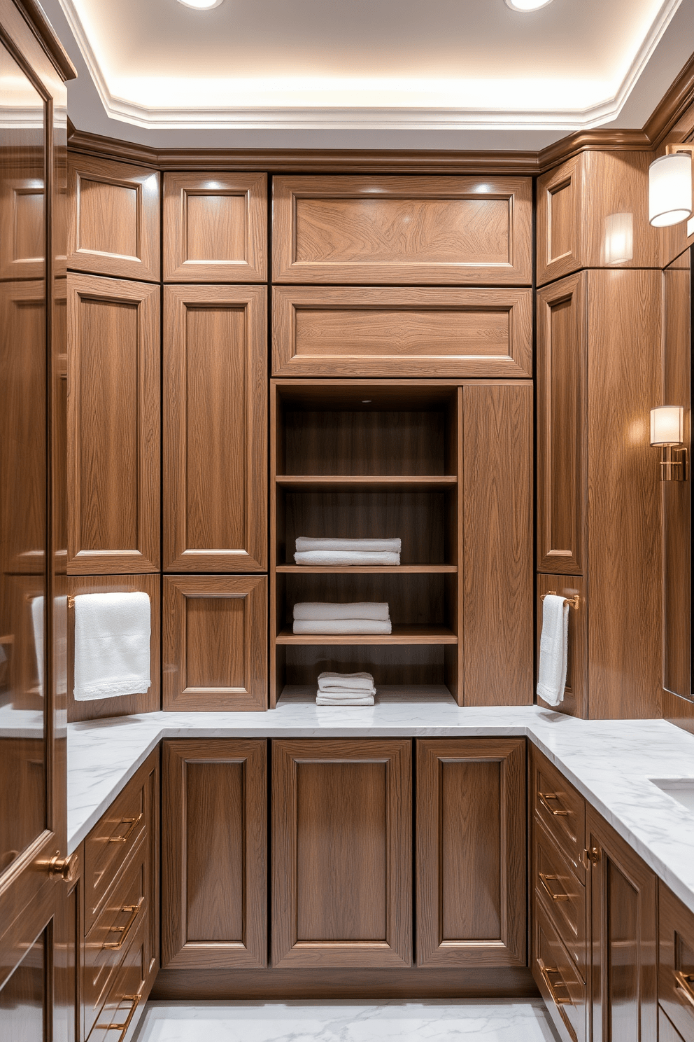 Custom cabinetry for personalized storage in a luxury bathroom. The cabinetry features intricate woodwork with a high-gloss finish, seamlessly integrated into the design for optimal organization. The space is complemented by elegant hardware and soft-close mechanisms, ensuring both functionality and sophistication. A soothing color palette enhances the luxurious feel, with accents of gold and marble throughout the room.