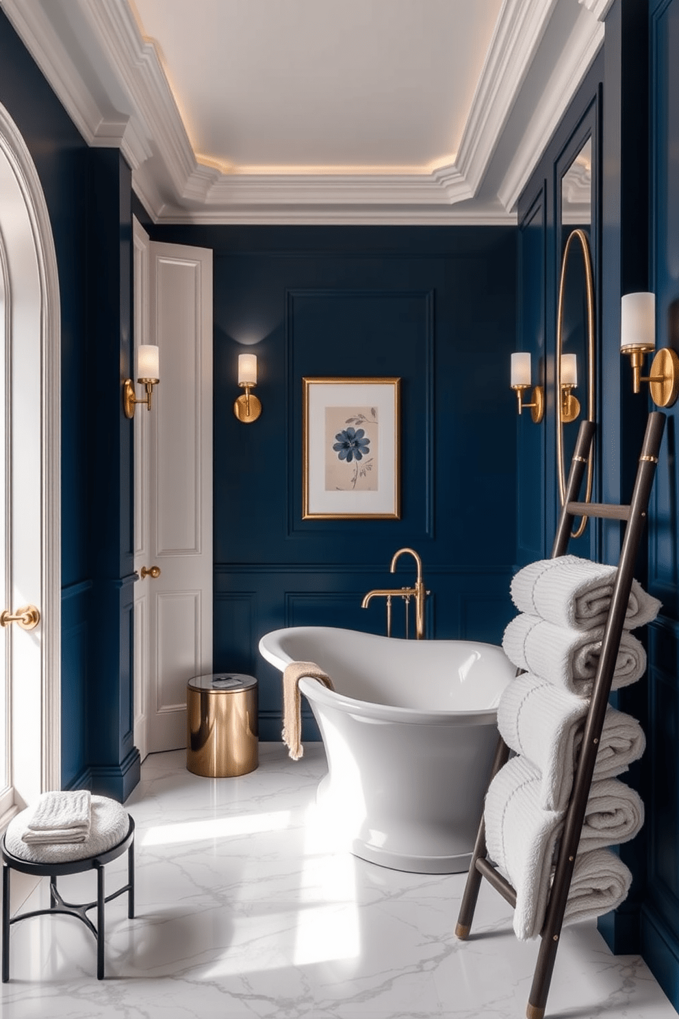 A luxury bathroom features bold accent walls painted in deep navy blue, creating a striking contrast with the soft white fixtures. The space is adorned with gold accents, including a freestanding tub and elegant sconces that enhance the overall opulence. The floor is covered in large marble tiles that reflect light beautifully, adding to the luxurious feel. Plush towels in rich textures are neatly arranged on a stylish ladder, inviting relaxation and comfort.