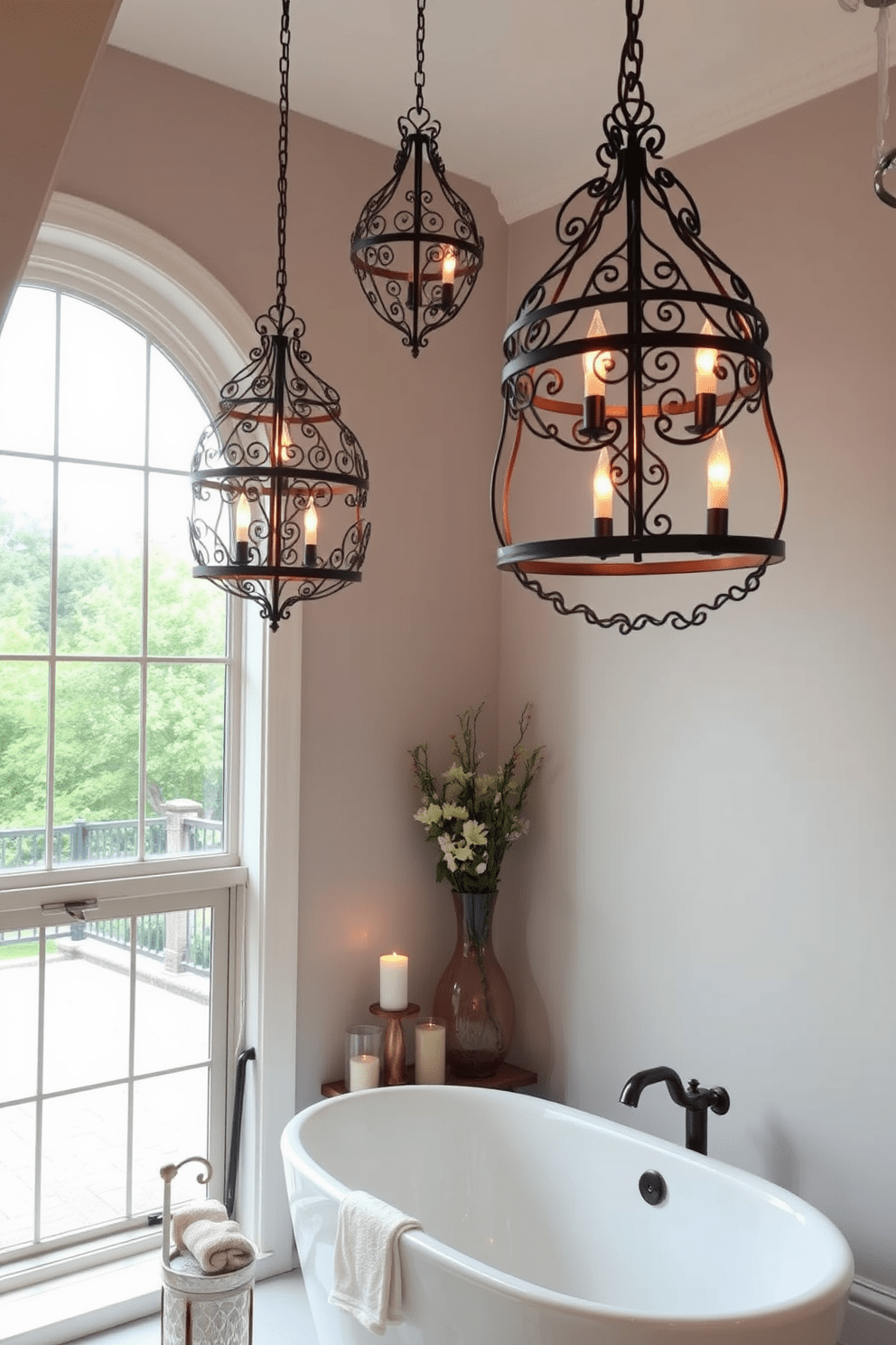 Artistic light fixtures hang elegantly from the ceiling, casting a warm glow across the luxurious bathroom. The fixtures are crafted from intricate metal designs, creating a stunning focal point that complements the overall decor. The bathroom features a freestanding soaking tub positioned beneath a large window, offering a serene view of the outdoors. Surrounding the tub are carefully selected decorative elements, including candles and plush towels, enhancing the spa-like atmosphere.