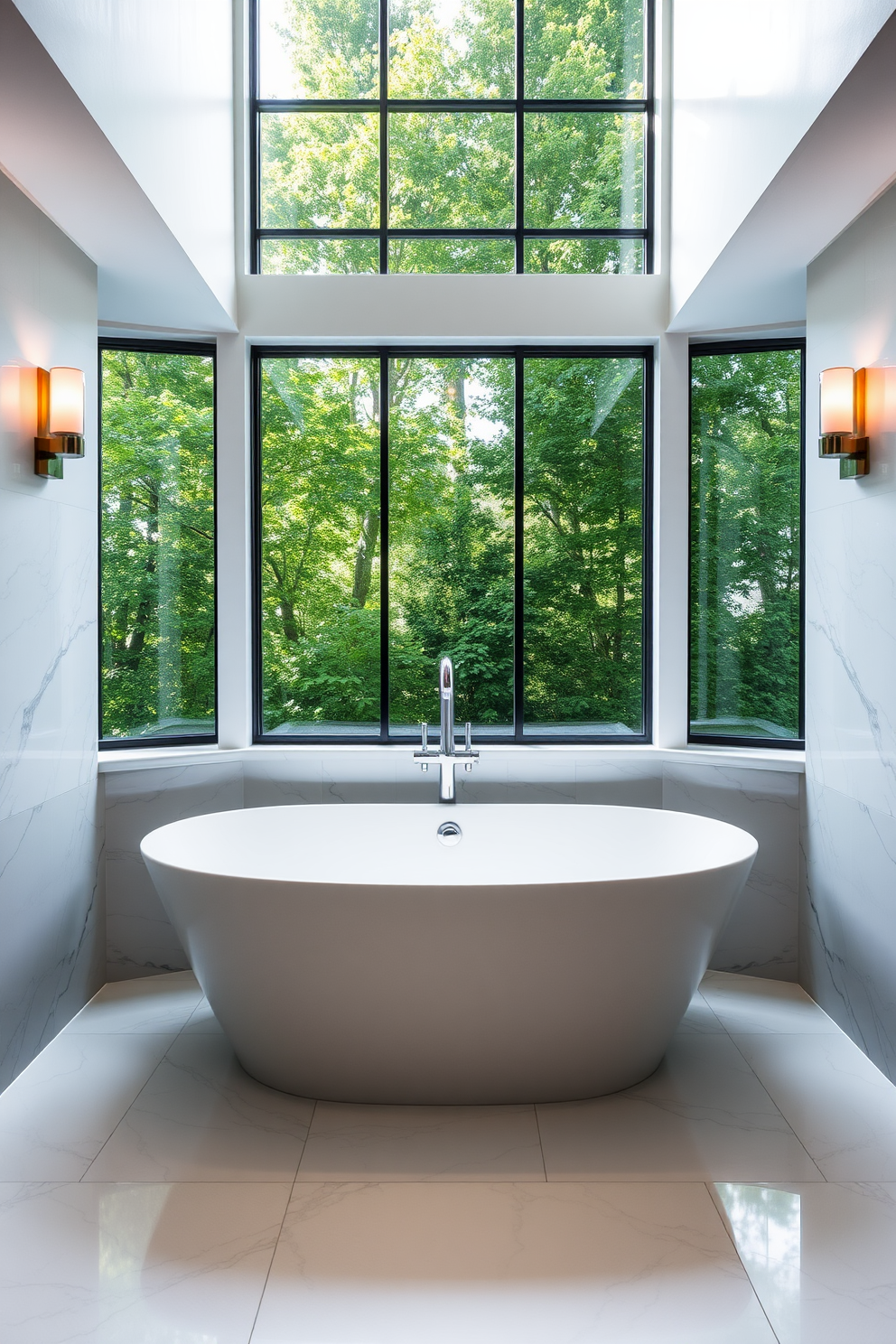 A luxury bathroom design featuring a freestanding soaking tub as the focal point. The tub is elegantly positioned beneath a large window, allowing natural light to flood the space and create a serene atmosphere. Surrounding the tub, there are sleek marble tiles that extend to the walls, enhancing the feeling of opulence. Soft, ambient lighting fixtures are strategically placed to highlight the tub and add warmth to the overall design.