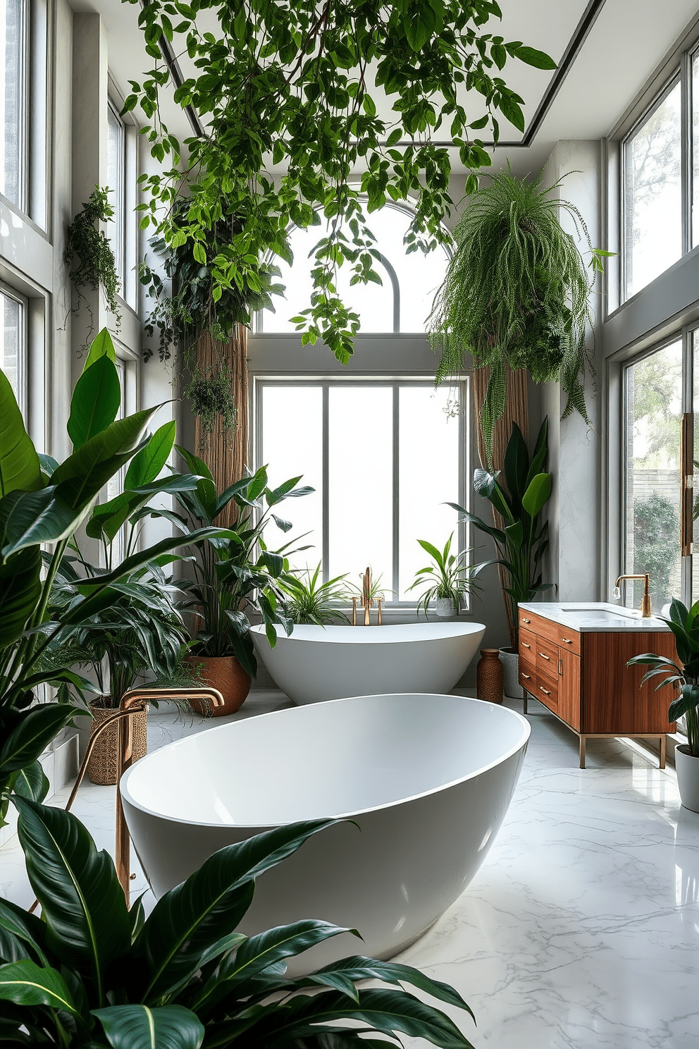 A serene luxury bathroom filled with lush indoor plants that bring a fresh ambiance. The space features a freestanding soaking tub surrounded by greenery, with large windows allowing natural light to flood in. Elegant marble tiles line the floor and walls, creating a sophisticated backdrop. A sleek wooden vanity with gold fixtures complements the vibrant foliage, enhancing the overall tranquility of the design.