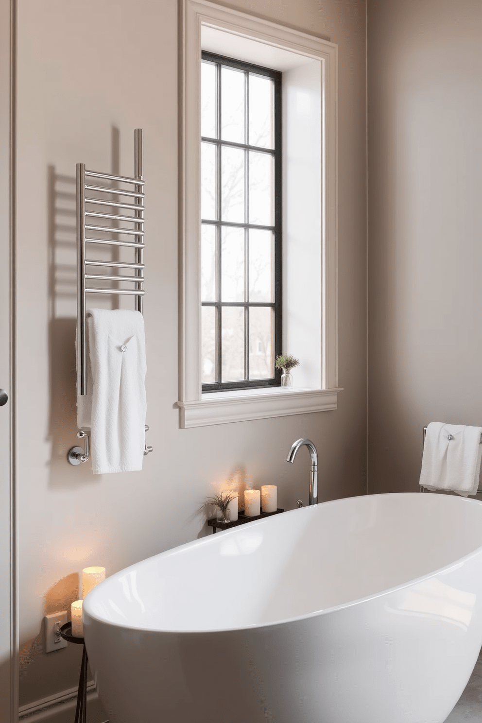 A chic towel warmer is elegantly mounted on the wall, finished in polished chrome to complement the luxurious aesthetic. Soft, fluffy towels are neatly arranged, inviting warmth and comfort after a relaxing bath. The bathroom features a freestanding soaking tub with a sleek design, positioned beneath a large window that allows natural light to flood the space. Surrounding the tub, there are candles and small potted plants, creating a serene and tranquil atmosphere.