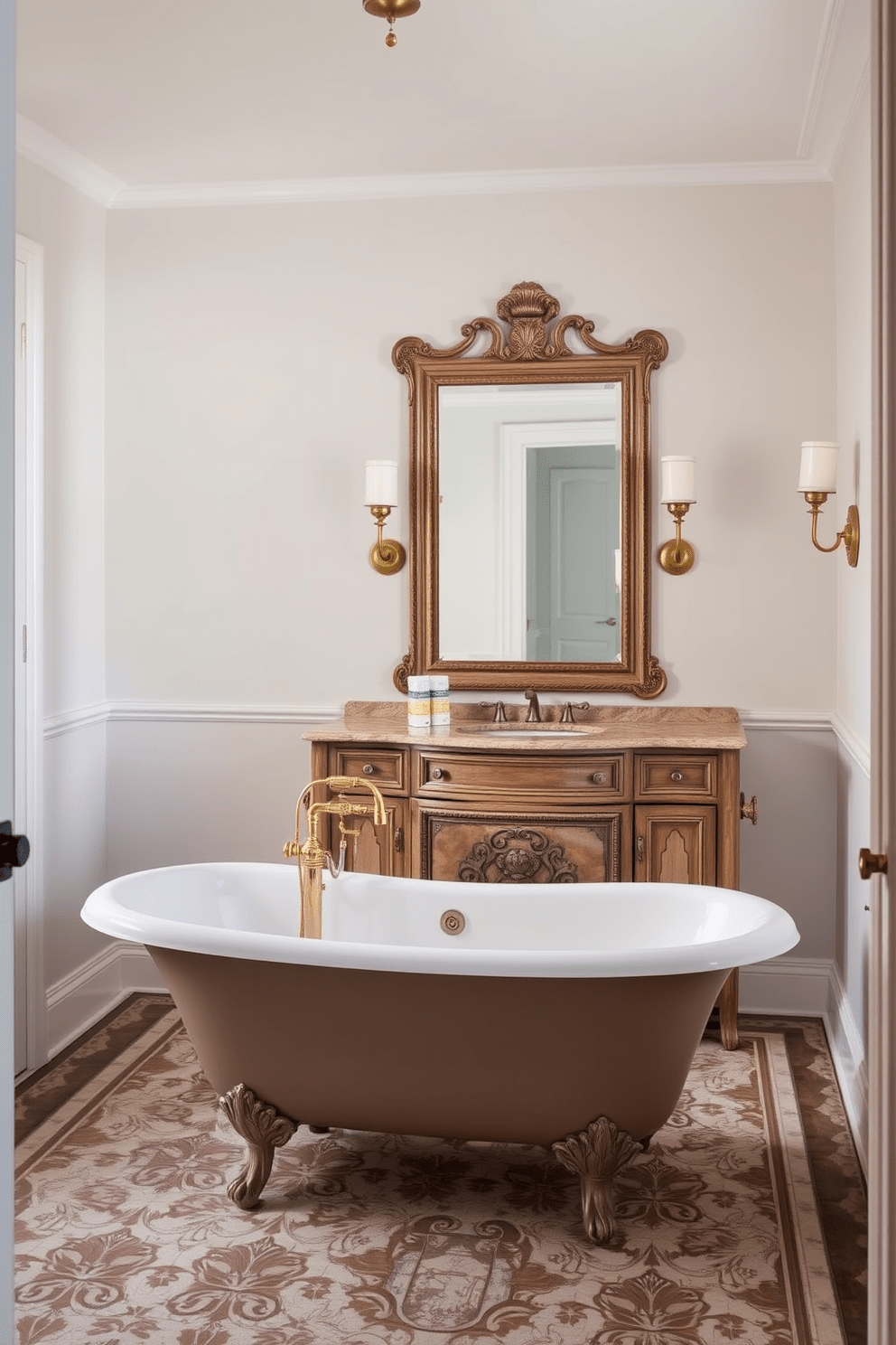 A luxury bathroom design featuring vintage-inspired fixtures that exude classic charm. The space includes a freestanding clawfoot bathtub with a polished brass faucet, complemented by elegant sconces on the walls. The vanity showcases a distressed wooden finish with an antique mirror above it. Soft, ambient lighting enhances the warm tones of the marble countertop and the intricate tile work on the floor.