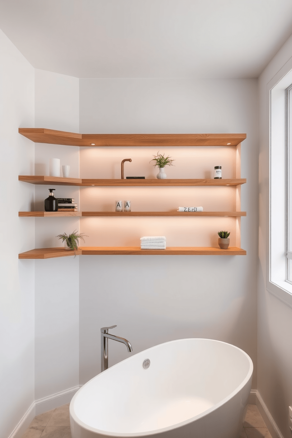 A luxury bathroom design featuring sleek floating shelves that enhance the minimalist aesthetic. The shelves are crafted from natural wood and adorned with carefully curated decorative items and plants for a fresh touch. The space includes a freestanding soaking tub with a modern faucet positioned beneath a large window. Soft, ambient lighting complements the neutral color palette of soft whites and grays, creating a serene atmosphere.