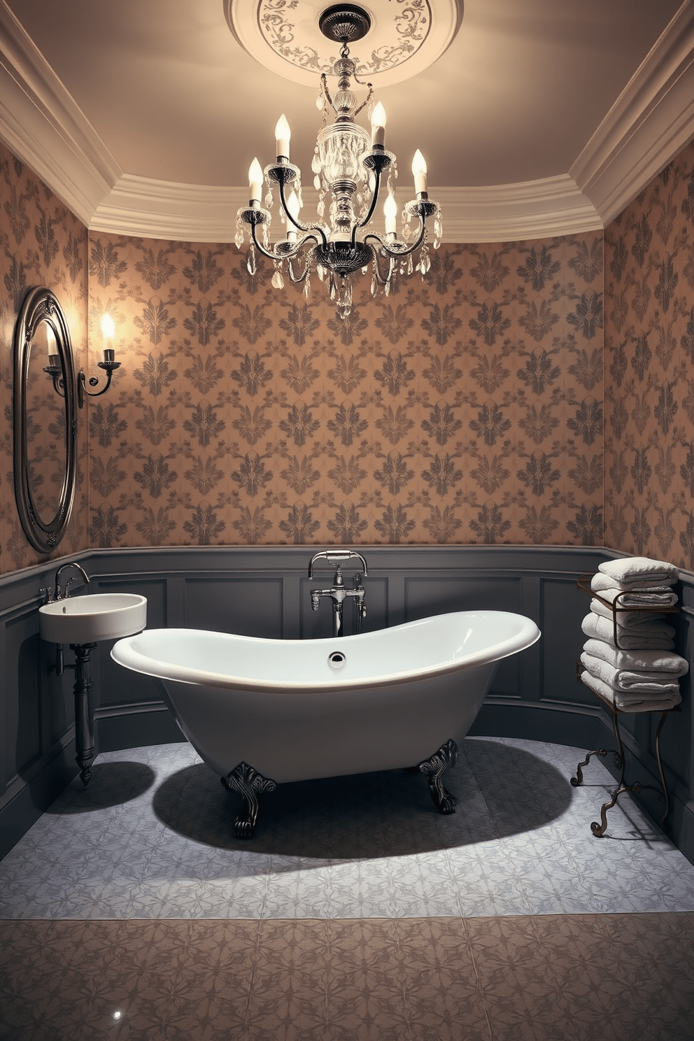 A luxurious bathroom featuring an elegant clawfoot tub positioned in the center. The tub is surrounded by vintage-inspired fixtures and complemented by soft, ambient lighting that creates a warm atmosphere. The walls are adorned with intricate wallpaper in a classic pattern, enhancing the vintage appeal. A beautiful chandelier hangs above, casting a gentle glow over the space while plush towels are neatly arranged on a nearby antique-style rack.