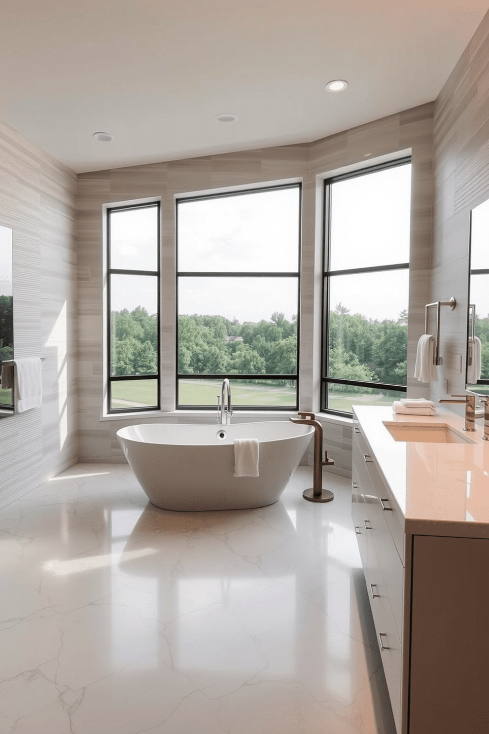 A luxury bathroom design featuring sleek quartz countertops that enhance durability and elegance. The space includes a freestanding soaking tub, surrounded by large windows that invite natural light and provide a serene view. The walls are adorned with textured tiles in soft neutral tones, creating a calming atmosphere. A modern double vanity with stylish fixtures complements the overall aesthetic, while plush towels and decorative accessories add a touch of sophistication.