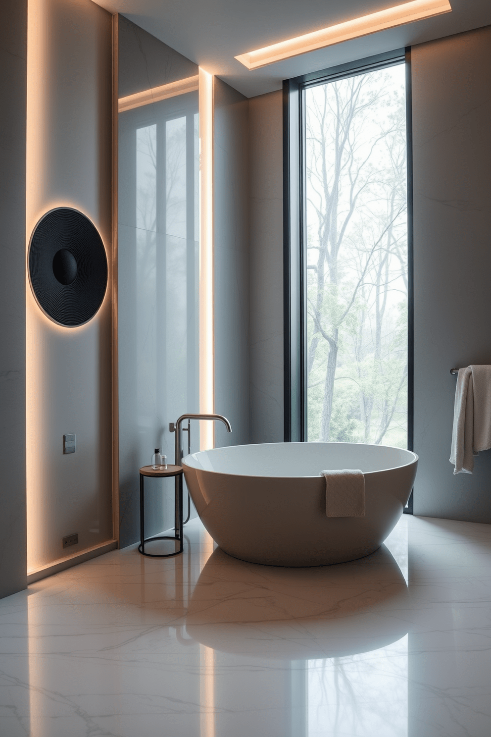 A luxurious bathroom featuring an integrated sound system seamlessly built into the walls. Soft ambient lighting enhances the serene atmosphere, creating a perfect space for relaxation. The design includes a freestanding soaking tub positioned near a large window with views of nature. Elegant marble tiles line the floor and walls, complemented by plush towels and stylish accessories.