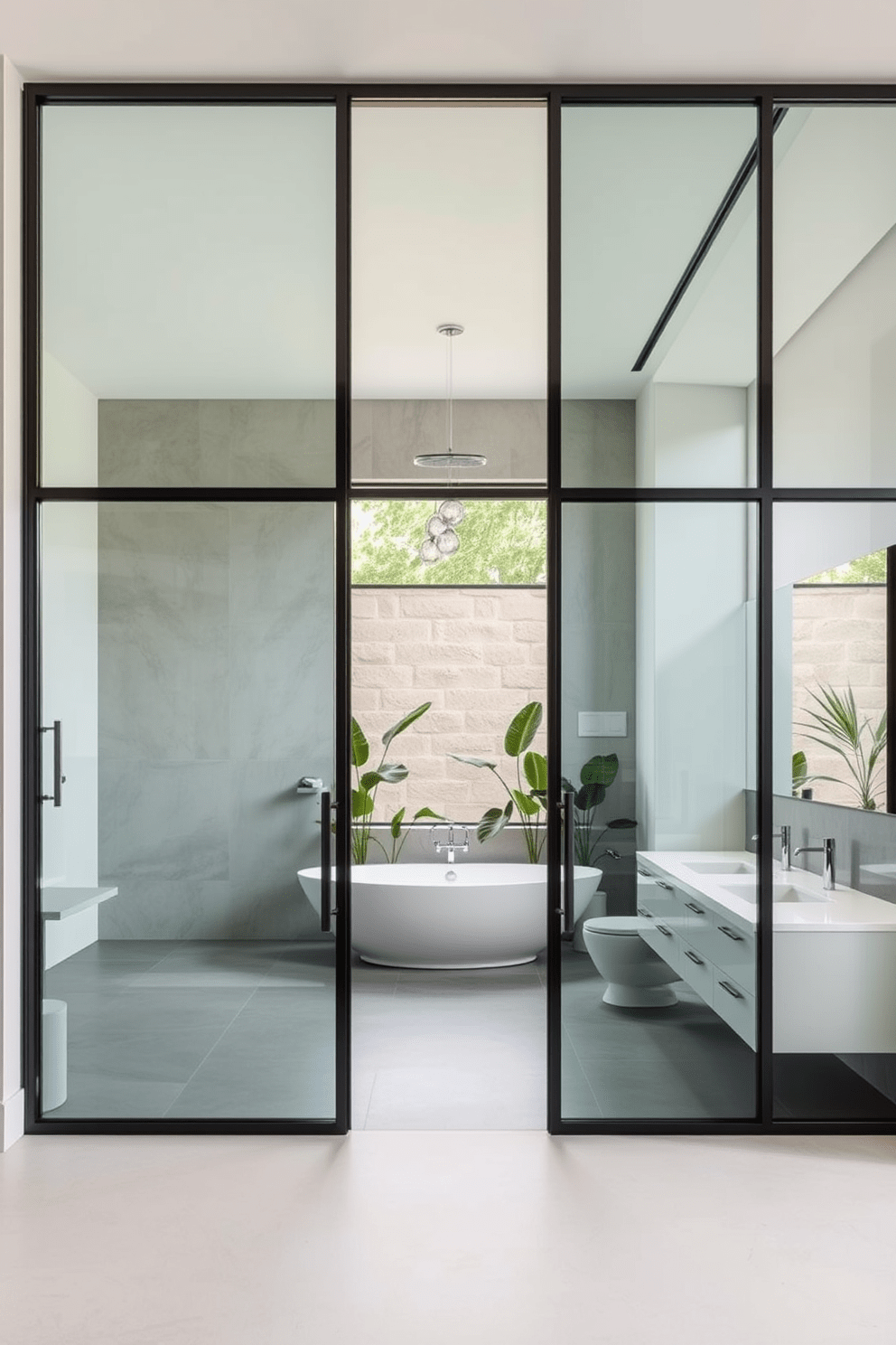 Stylish glass partitions create a seamless transition between the luxury bathroom and the open space. The partitions are framed in sleek metal, allowing natural light to flow through while maintaining privacy. The bathroom features a freestanding soaking tub positioned under a large window, surrounded by elegant plants. A minimalist vanity with dual sinks complements the contemporary aesthetic, enhancing the overall sophistication of the design.