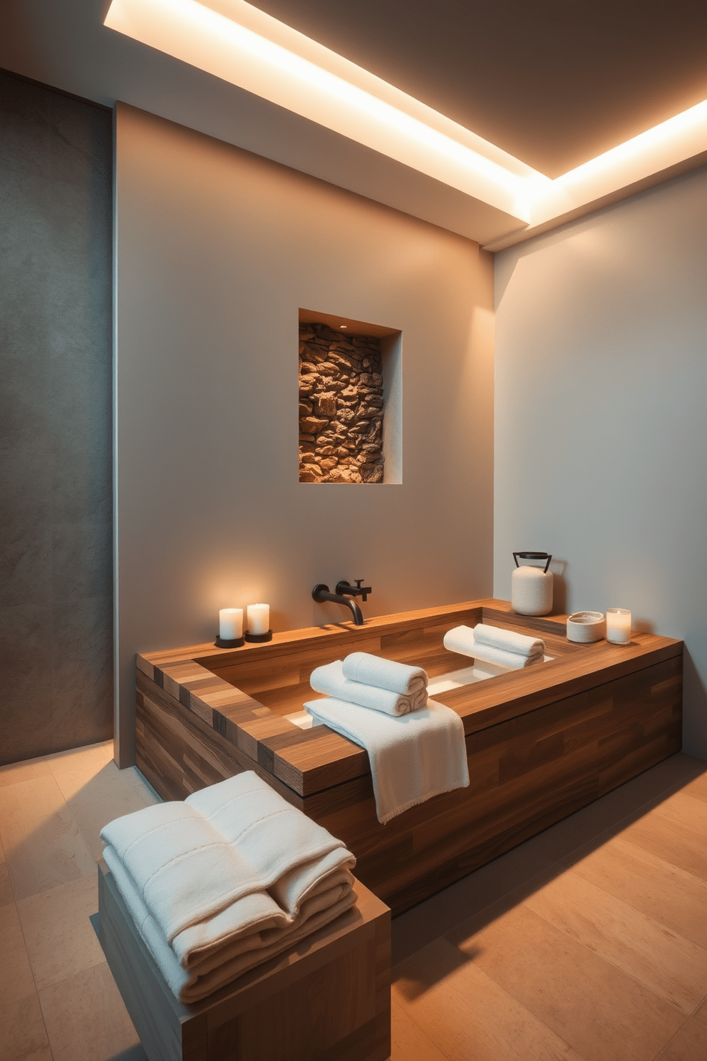 A serene luxury bathroom that embodies a spa-like atmosphere. The space features natural materials such as a wooden soaking tub and a stone accent wall. Soft ambient lighting creates a warm glow, enhancing the tranquility of the room. Plush towels and a fragrant candle are strategically placed to invite relaxation.