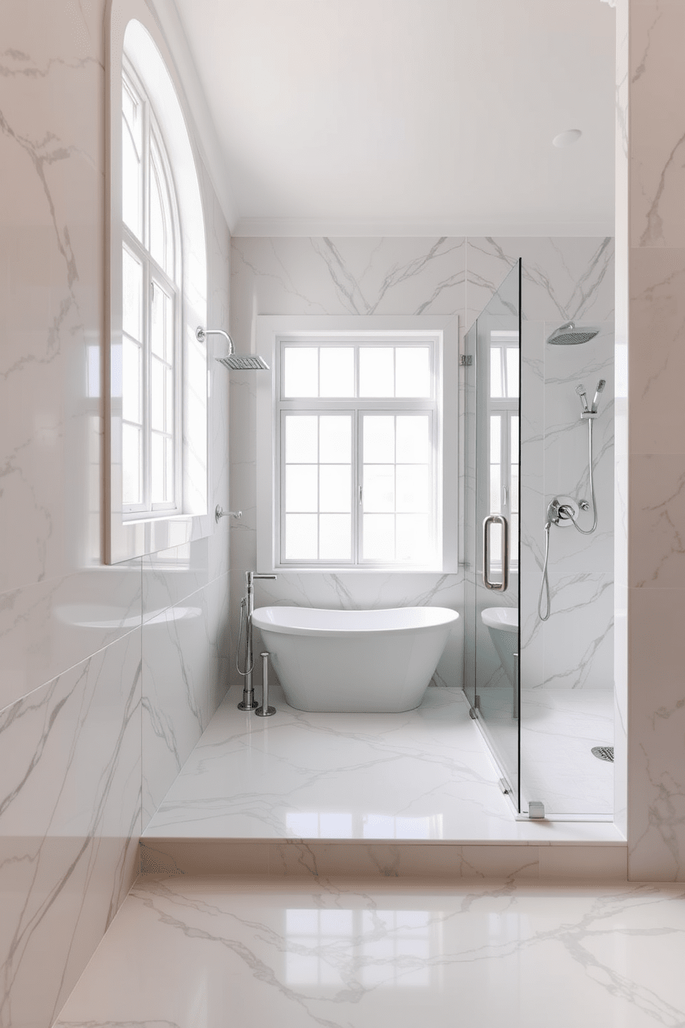 A luxury bathroom featuring elegant marble tiles that create a timeless look. The space includes a freestanding soaking tub positioned under a large window, allowing natural light to fill the room. Sleek fixtures in polished chrome complement the marble, enhancing the overall sophistication. A spacious walk-in shower with glass doors and rainfall showerhead adds a touch of modern luxury.