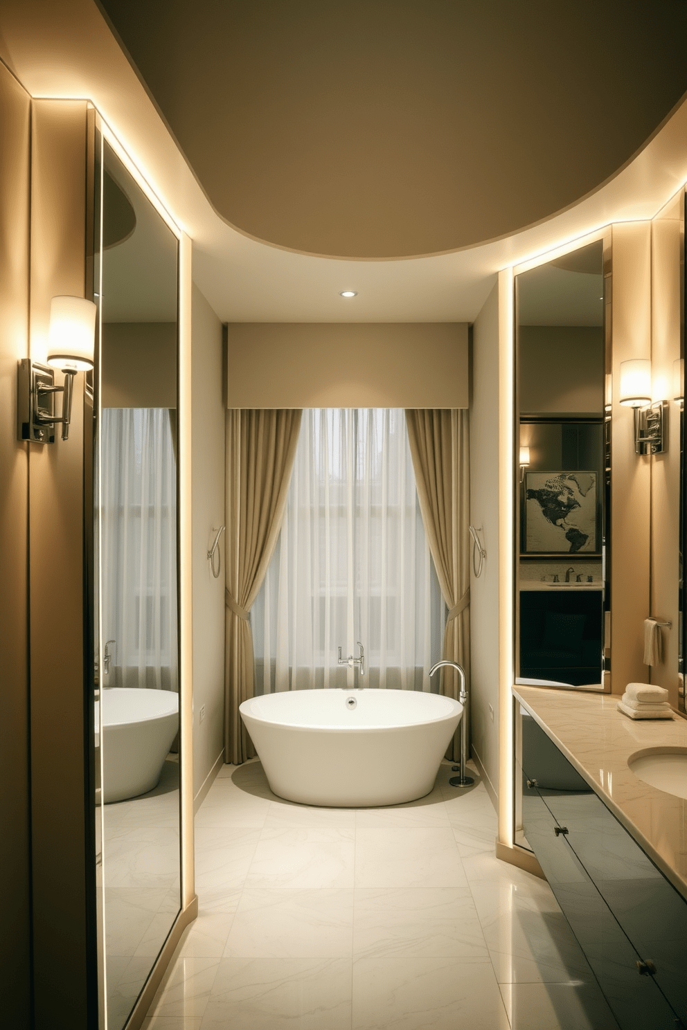 A luxurious bathroom featuring backlit mirrors that create a warm and inviting ambiance. The mirrors are framed in sleek chrome, reflecting elegant lighting that enhances the overall design. The space includes a freestanding soaking tub positioned beneath a large window with sheer curtains. Soft, neutral tones dominate the color palette, complemented by rich textures and high-end finishes throughout the room.