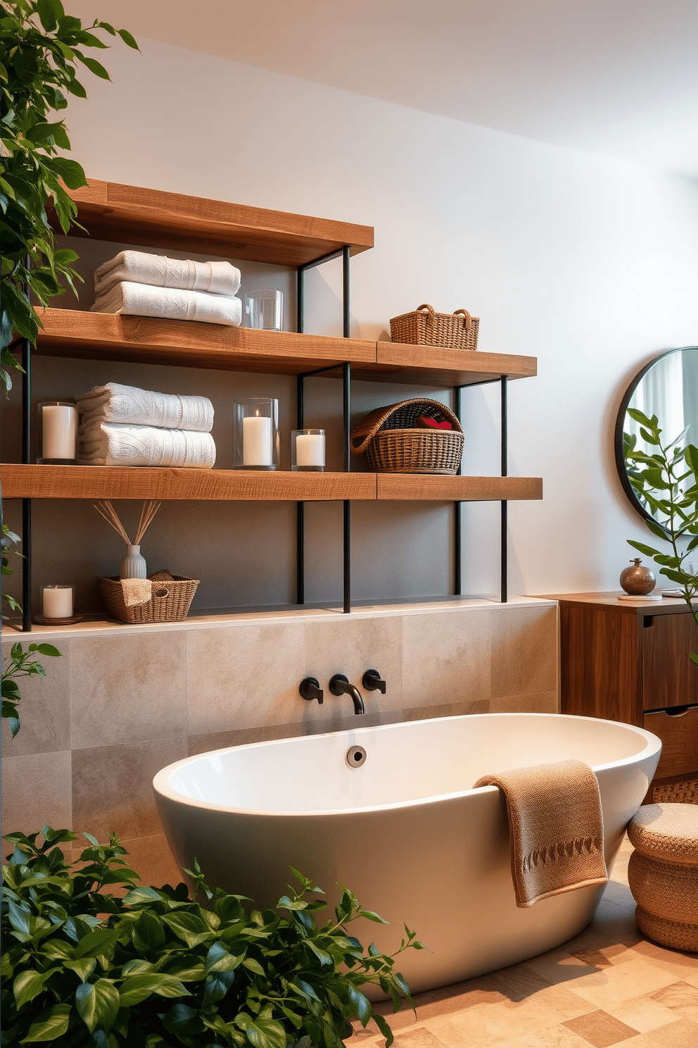 Open shelving for stylish storage solutions. The shelves are made of reclaimed wood, displaying neatly arranged towels, scented candles, and decorative baskets. Luxury Bathroom Design Ideas. The space features a freestanding soaking tub surrounded by elegant greenery and soft, ambient lighting.