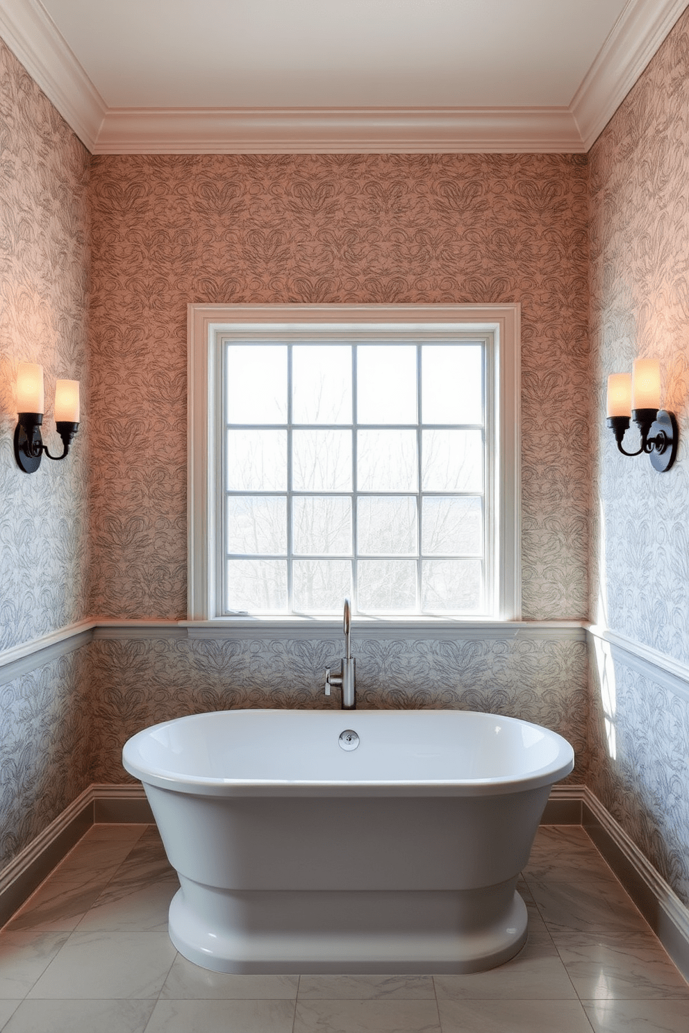 A luxury bathroom featuring textured wallpaper that adds depth and interest to the space. The walls are adorned with a subtle, elegant pattern in soft tones, creating a serene atmosphere. The centerpiece is a freestanding soaking tub positioned under a large window. Flanking the tub are stylish sconces that provide warm, ambient lighting for a relaxing retreat.