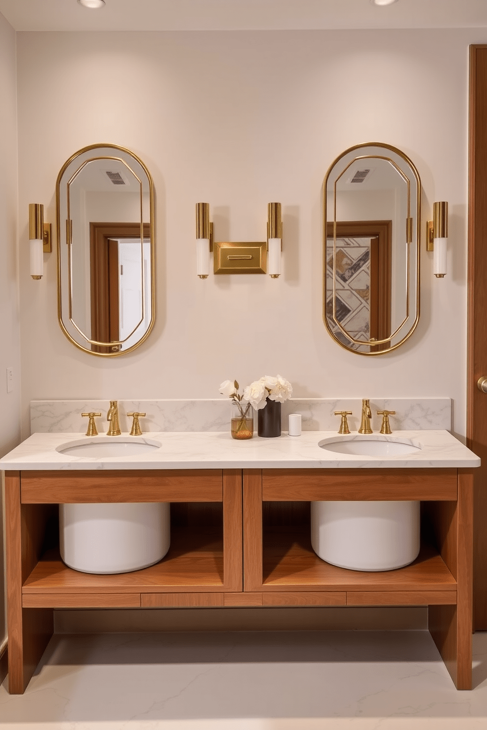 A luxury bathroom featuring dual sinks set within a sleek wooden vanity. The vanity is complemented by a stunning marble countertop and elegant fixtures that enhance the space's functionality and style. The walls are adorned in a soft, neutral tone, creating a serene ambiance. Accents of gold in the mirrors and hardware add a touch of sophistication to the overall design.