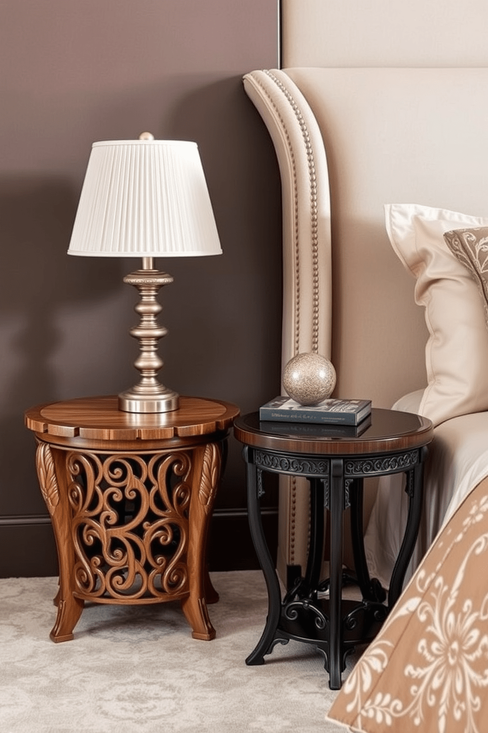 Stylish bedside tables with unique designs. Each table features intricate carvings and a mix of materials such as wood and metal for a modern yet timeless look. The tables are paired with elegant lamps that complement the overall color scheme of the room. Soft bedding in rich textures enhances the luxurious feel of the bedroom.