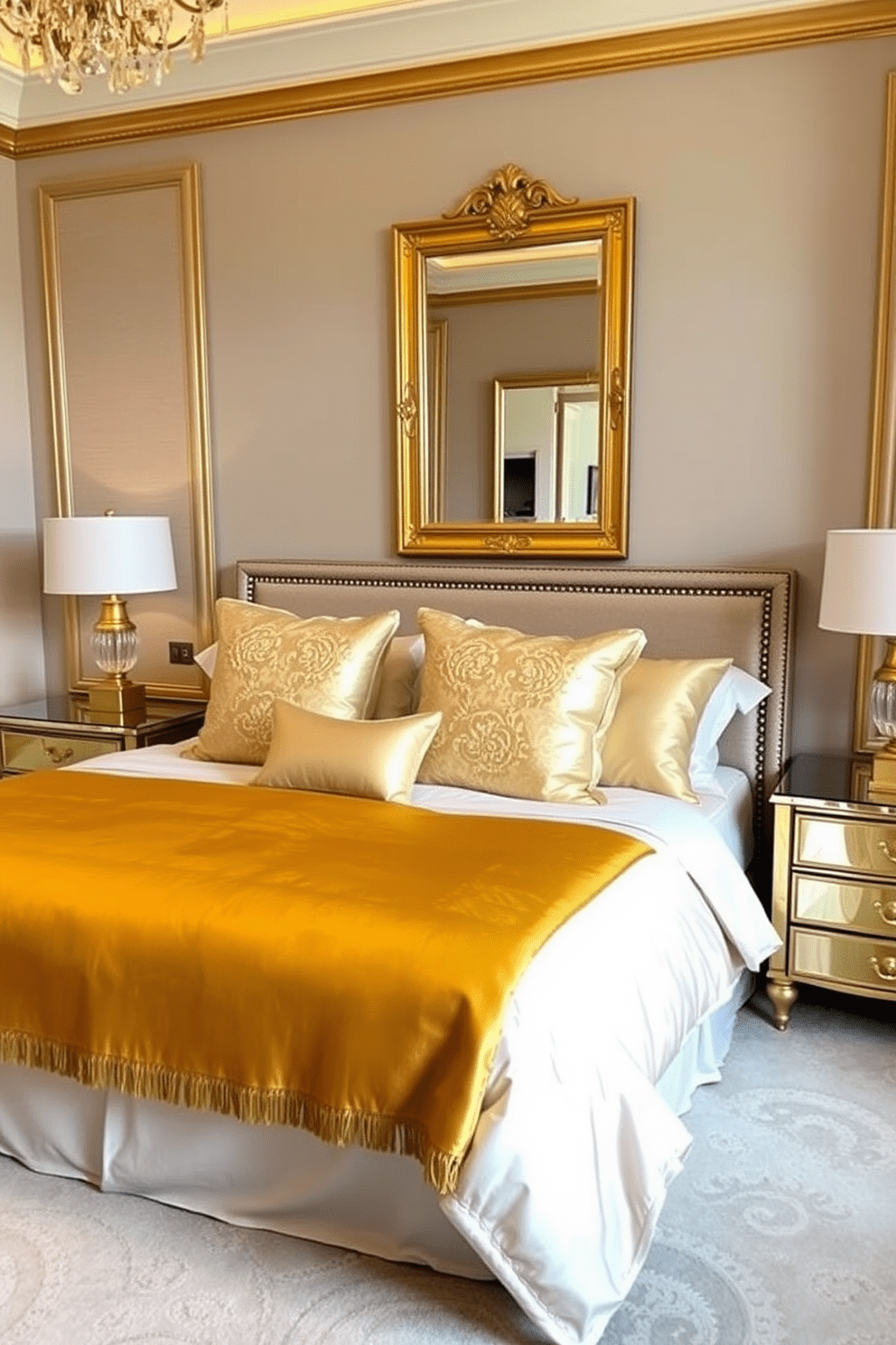 A luxury bedroom featuring gold accents in decor and accessories. The bed is dressed in plush bedding with gold-threaded pillows and a shimmering gold throw blanket. The nightstands on either side of the bed are adorned with elegant gold lamps that cast a warm glow. A large mirror with a gold frame hangs above a stylish dresser, reflecting the opulent atmosphere of the room.