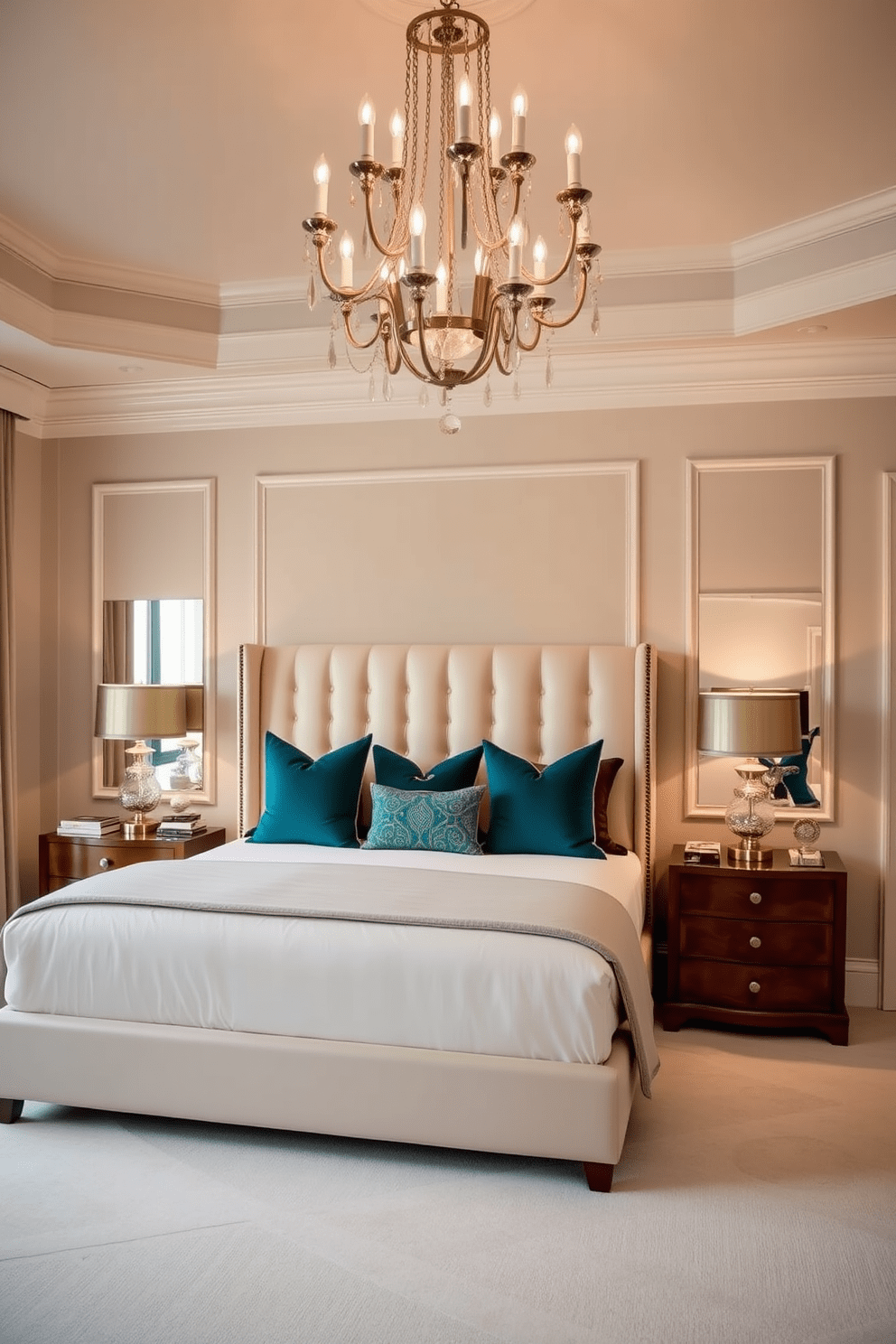 A luxury bedroom featuring a neutral color palette with bold accents. The walls are painted in soft beige, complemented by a plush cream upholstered bed with vibrant throw pillows in deep teal. A statement chandelier hangs from the ceiling, casting a warm glow over the space. Rich wooden nightstands flank the bed, adorned with sleek metallic lamps and decorative books.