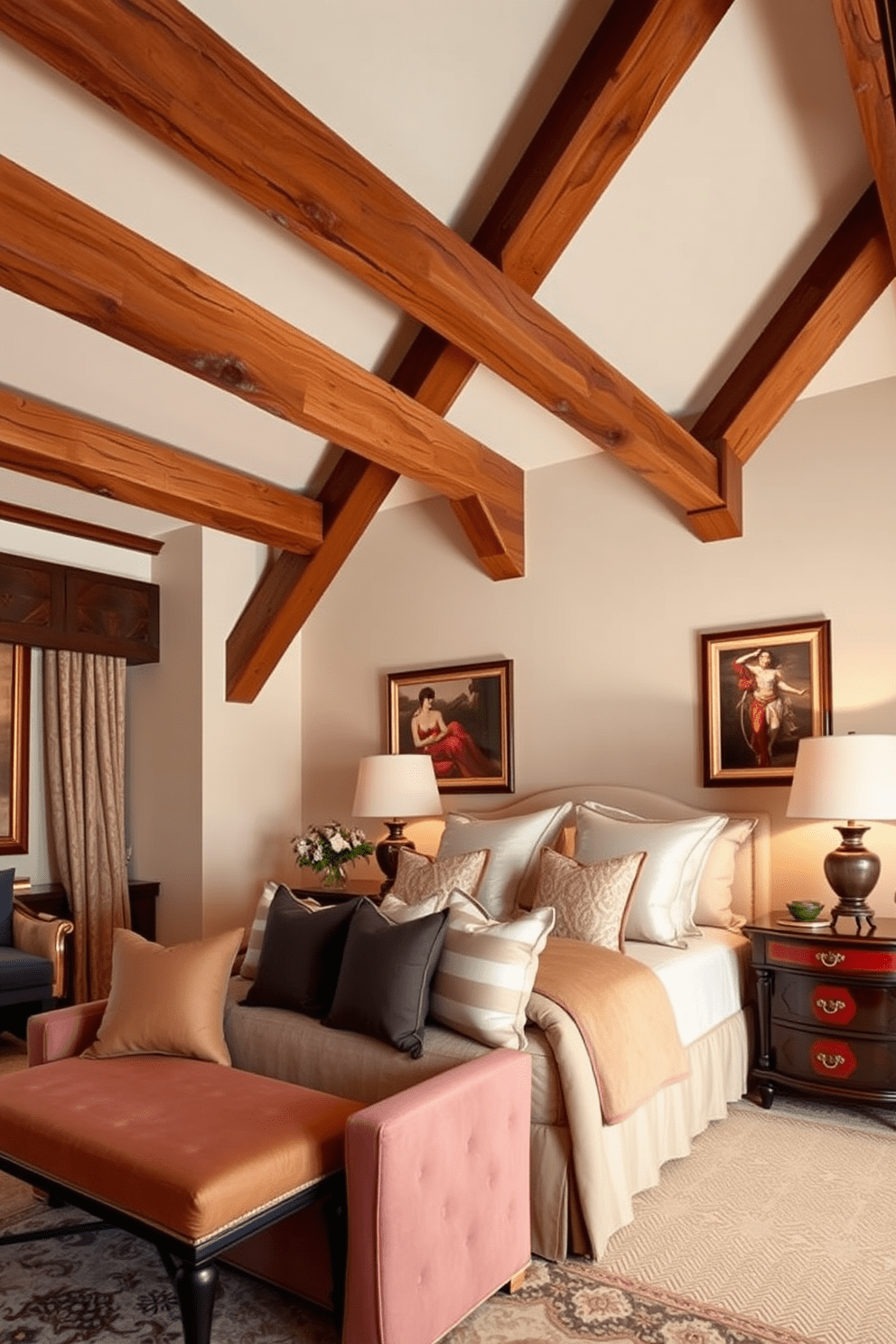 A luxury bedroom featuring exposed wooden ceiling beams that add architectural interest to the space. The room is adorned with plush fabrics and elegant furnishings, creating a serene and inviting atmosphere.