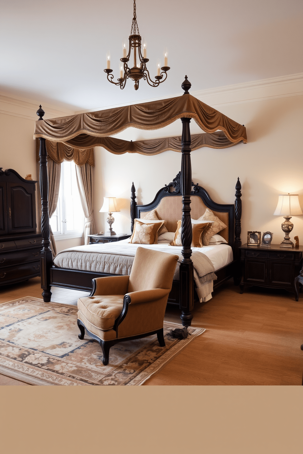 A luxurious bedroom featuring a vintage four-poster bed adorned with rich velvet drapes. The walls are painted in a soft cream color, complemented by an antique dresser and a plush area rug in muted earth tones. Elegant bedside tables with intricate carvings hold vintage lamps that cast a warm glow. A cozy reading nook is created by a vintage armchair and a small side table, inviting relaxation and comfort.