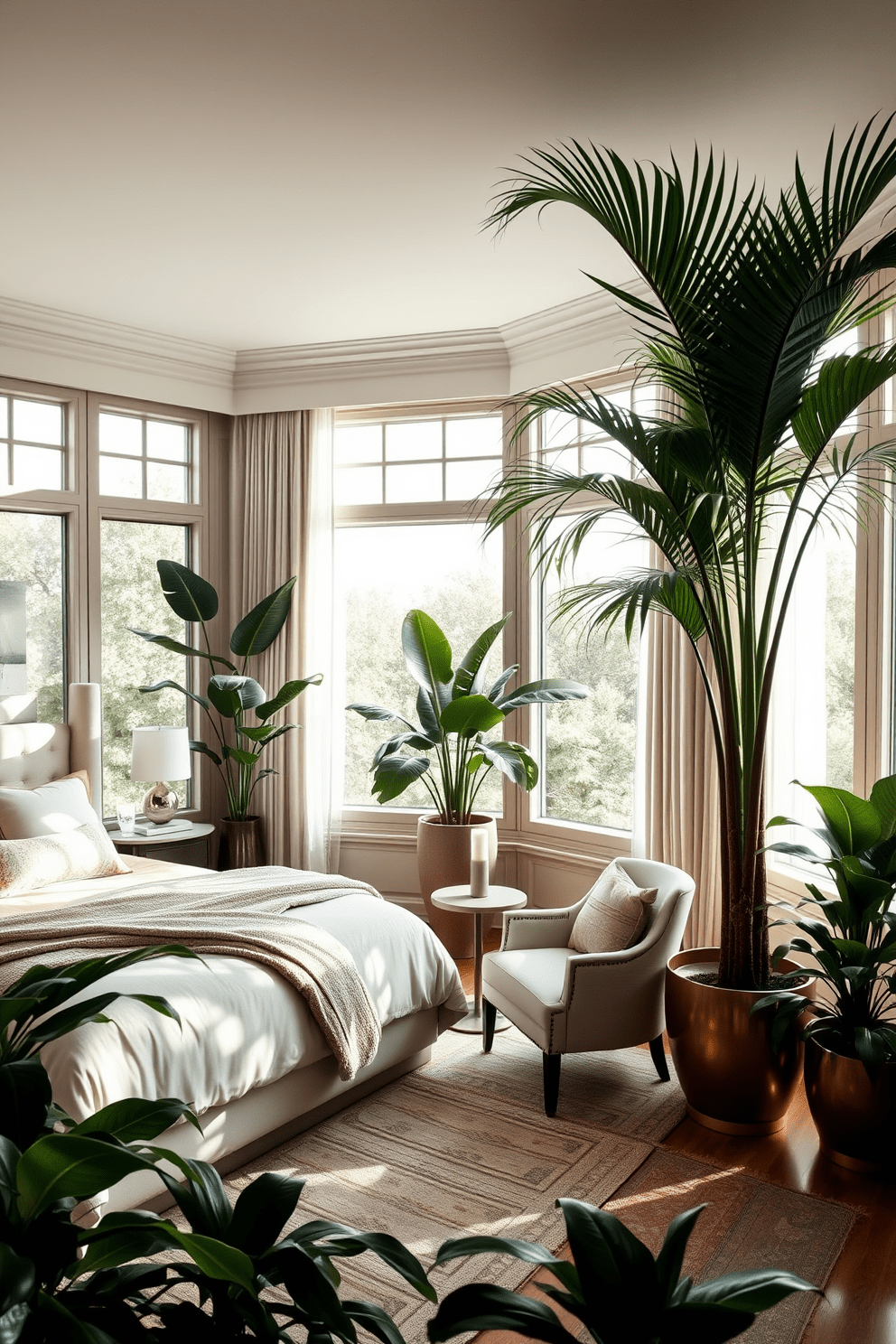 A serene luxury bedroom filled with indoor plants for a fresh feel. The room features a king-sized bed with plush bedding and a statement headboard, surrounded by large leafy plants in elegant pots. Natural light floods in through expansive windows, highlighting the calming color palette of soft greens and whites. A cozy reading nook with a comfortable chair and a small side table is nestled beside a tall indoor palm, creating an inviting atmosphere.