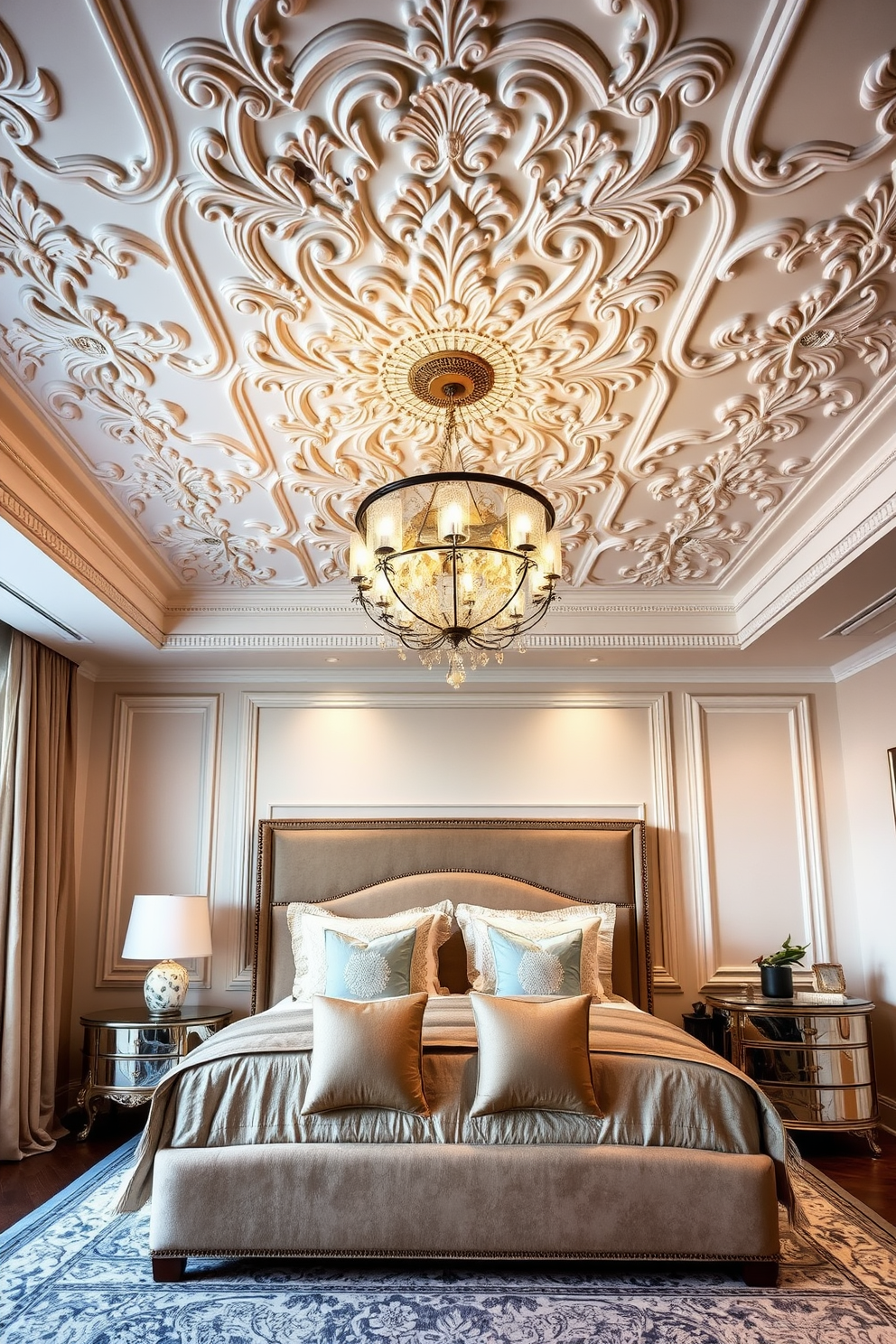 An elegant ceiling design features intricate plasterwork with floral motifs and a central chandelier that casts a warm glow. The soft color palette of the ceiling complements the luxurious furnishings in the room, enhancing the overall ambiance. The luxury bedroom design includes a plush king-sized bed with an upholstered headboard and layered bedding in rich textures. Accent pillows in contrasting colors add a touch of sophistication, while a stylish area rug anchors the space beneath the bed.