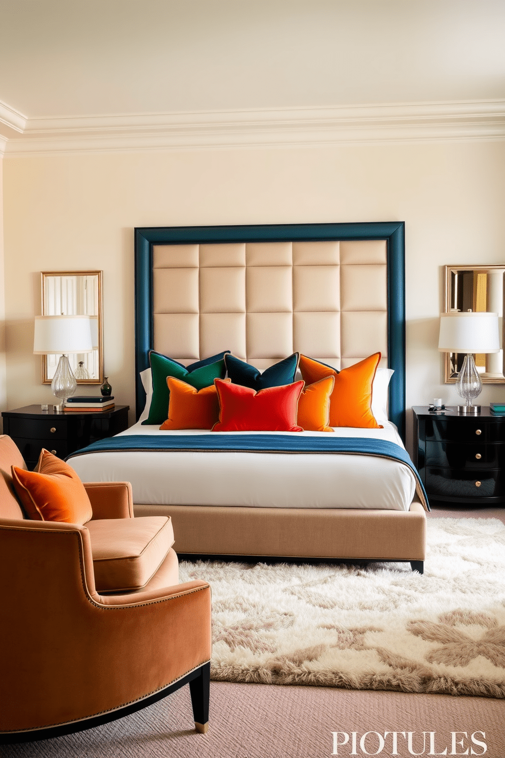 A luxurious bedroom featuring a king-sized bed adorned with an array of decorative pillows in bold colors such as deep blue, vibrant orange, and rich emerald green. The walls are painted a soft cream, providing a perfect backdrop for the striking hues of the pillows, while a plush area rug in neutral tones anchors the space. In one corner, a stylish armchair upholstered in a complementary color offers a cozy reading nook. Elegant bedside tables with sleek lamps flank the bed, enhancing the overall sophistication of the design.