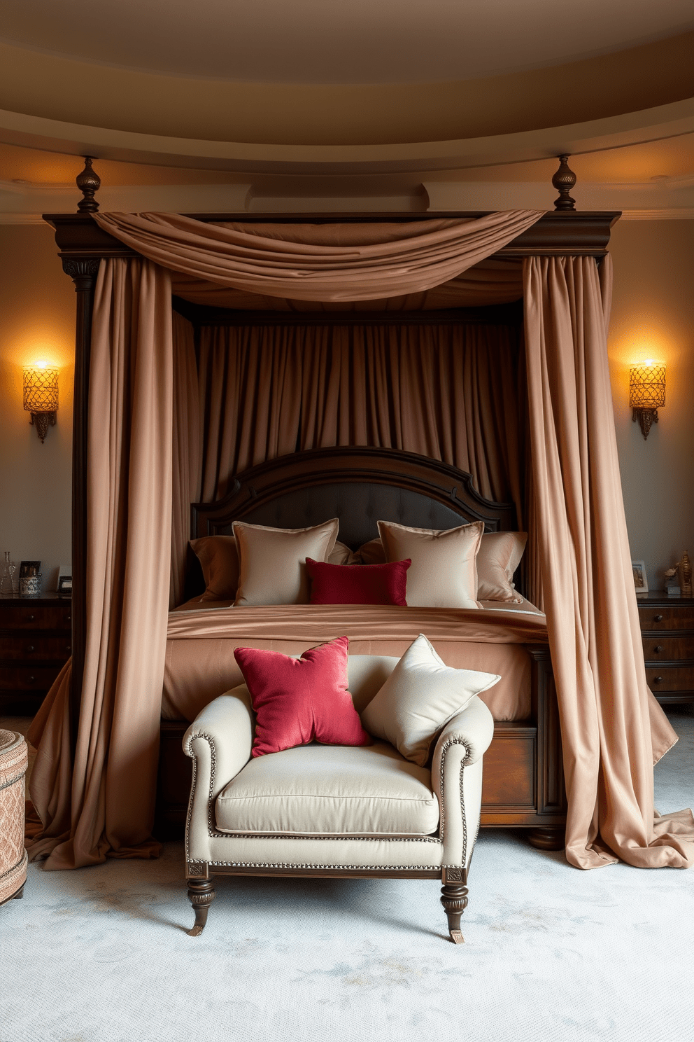 A luxurious bedroom featuring a four-poster bed draped in rich, flowing linens. The bed is adorned with plush pillows in varying textures and shades, creating an inviting focal point in the room. Soft ambient lighting casts a warm glow over the space, highlighting the elegant details of the bed's wooden frame. A cozy seating area with a stylish armchair complements the overall design, inviting relaxation and comfort.