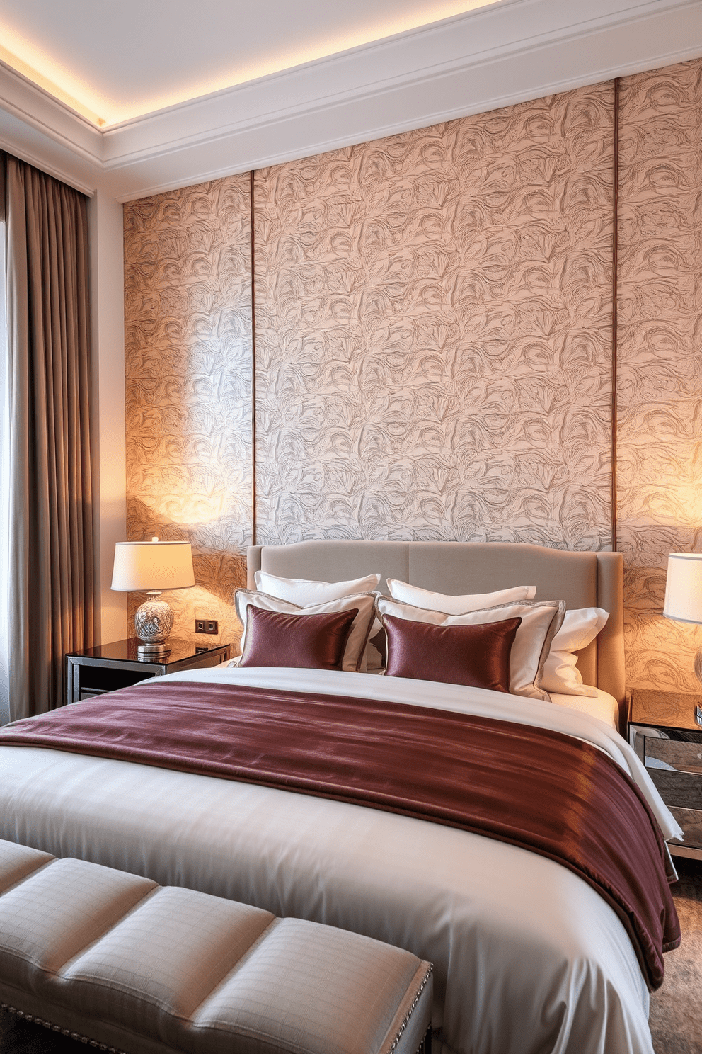 A luxurious bedroom featuring a textured accent wall adorned with elegant wallpaper that adds depth and sophistication to the space. The room is furnished with a plush king-sized bed dressed in sumptuous linens, complemented by stylish bedside tables and ambient lighting.