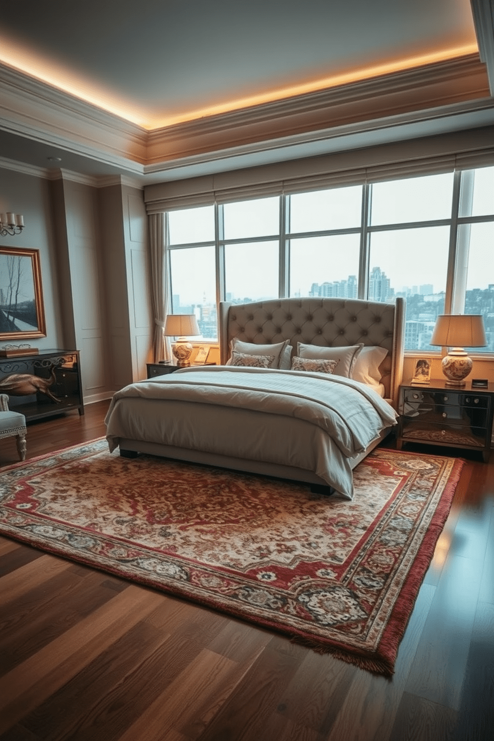 A luxurious bedroom featuring layered rugs that add warmth and comfort to the space. The rugs are placed under a plush king-sized bed with an elegant upholstered headboard, creating a cozy and inviting atmosphere. Soft lighting from bedside lamps casts a warm glow, enhancing the rich textures of the room. The walls are adorned with tasteful artwork, and large windows allow natural light to flow in, complementing the overall design.