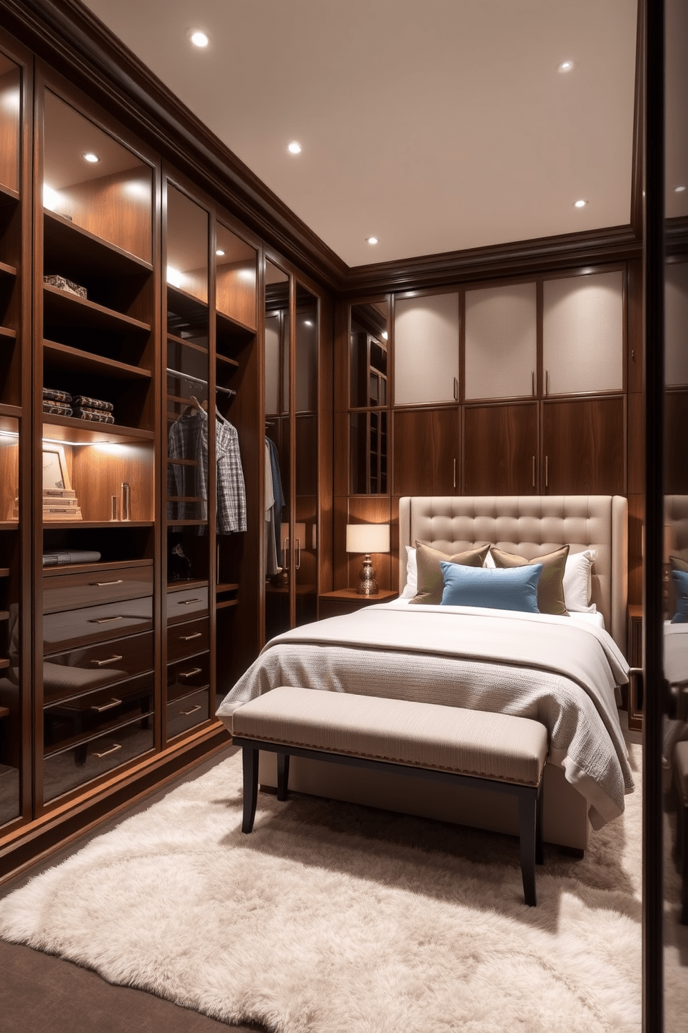 A custom walk-in closet featuring elegant finishes. The closet includes built-in shelving, soft ambient lighting, and a plush area rug. Luxury bedroom design ideas that emphasize comfort and sophistication. The room showcases a king-sized bed with a tufted headboard, layered bedding, and stylish bedside tables.