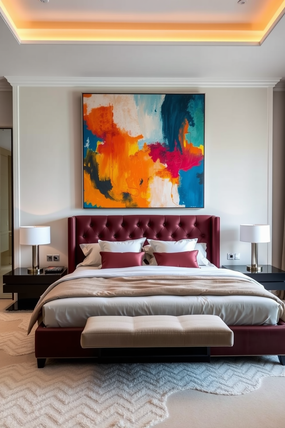 Artistic wall art for visual interest. A large abstract painting with vibrant colors hangs above a plush velvet headboard in a spacious luxury bedroom. The artwork is complemented by sleek bedside tables with modern lamps. Soft, layered bedding in neutral tones creates an inviting and serene atmosphere.