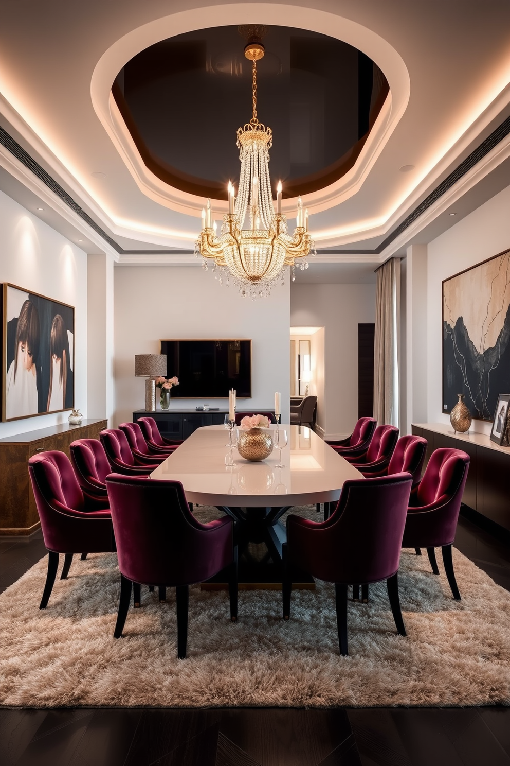 A luxury dining room featuring a neutral color palette complemented by bold accents. The space includes a long elegant dining table surrounded by plush upholstered chairs in a rich jewel tone. The walls are adorned with sophisticated artwork that adds a striking contrast to the soft hues. A stunning chandelier hangs above the table, casting a warm glow over the room, while a plush area rug anchors the space.