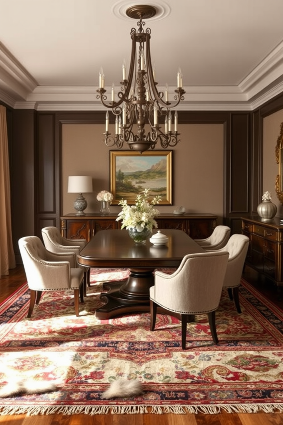 A luxurious dining room featuring layered rugs that add warmth and comfort to the space. The centerpiece is an elegant wooden dining table surrounded by plush upholstered chairs, with a stunning chandelier hanging overhead. Soft textures and rich colors create an inviting atmosphere. The walls are adorned with tasteful artwork, while a stylish sideboard displays exquisite tableware and decorative accents.