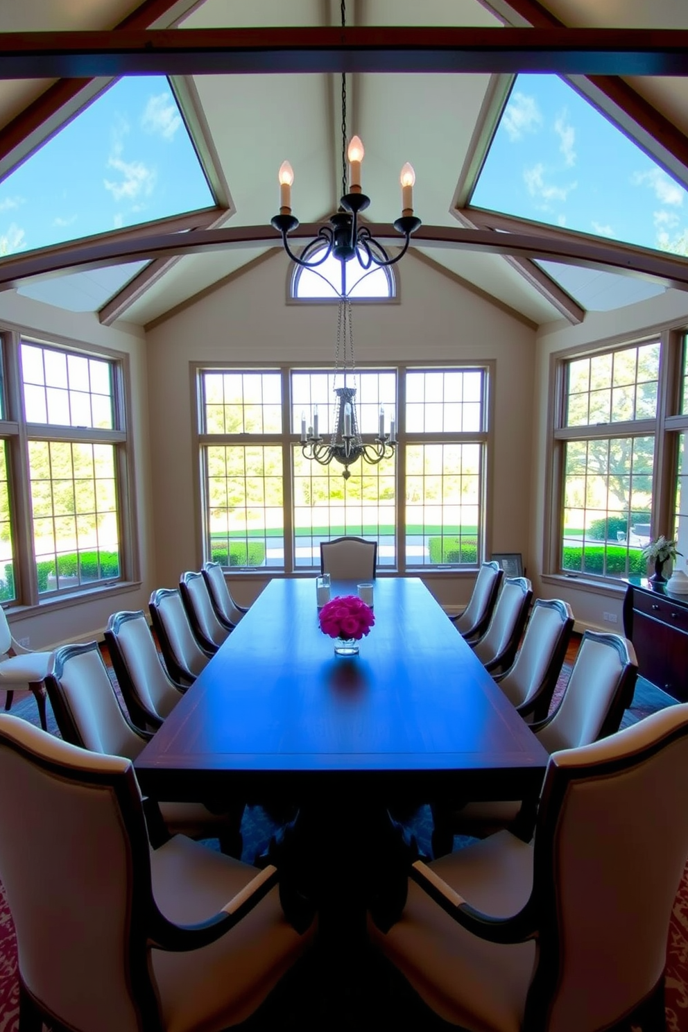 A luxurious dining room featuring floor to ceiling windows that allow natural light to flood the space. The room is adorned with a grand wooden dining table surrounded by elegant upholstered chairs, creating an inviting atmosphere for gatherings.