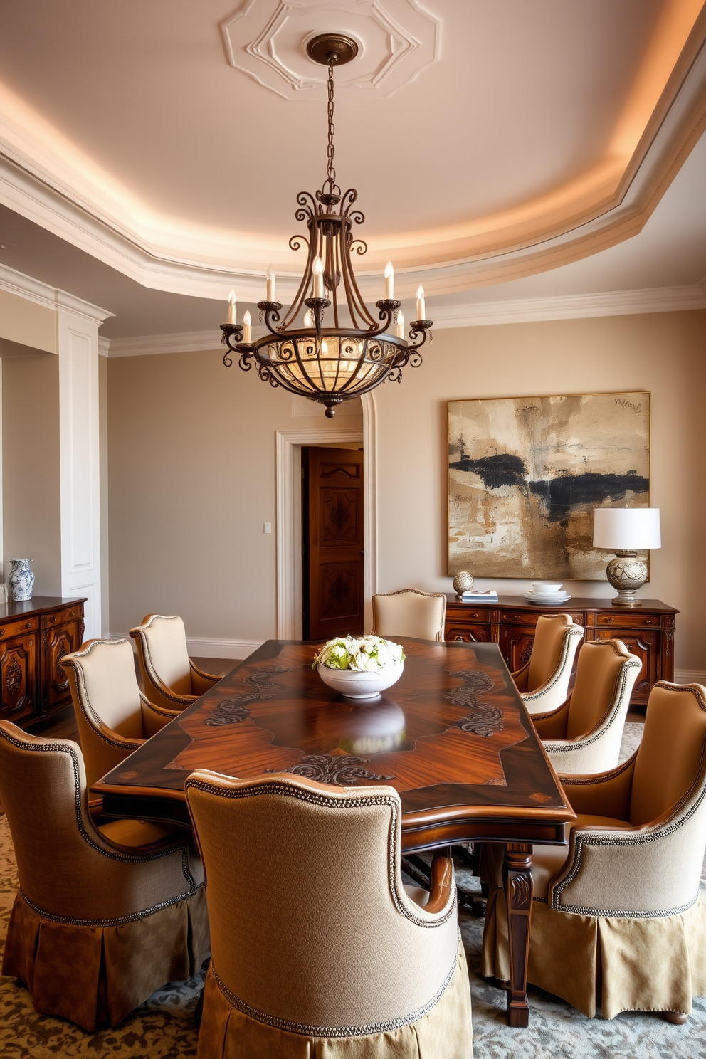 A luxurious dining room featuring a grand wooden table with intricate carvings surrounded by upholstered chairs in rich fabrics. The room is adorned with a vintage chandelier hanging from the ceiling, casting a warm glow over the space. On one side of the room, a contemporary sideboard showcases elegant dinnerware and decorative accents. The walls are painted in a soft beige tone, complemented by a large abstract artwork that adds a modern touch.