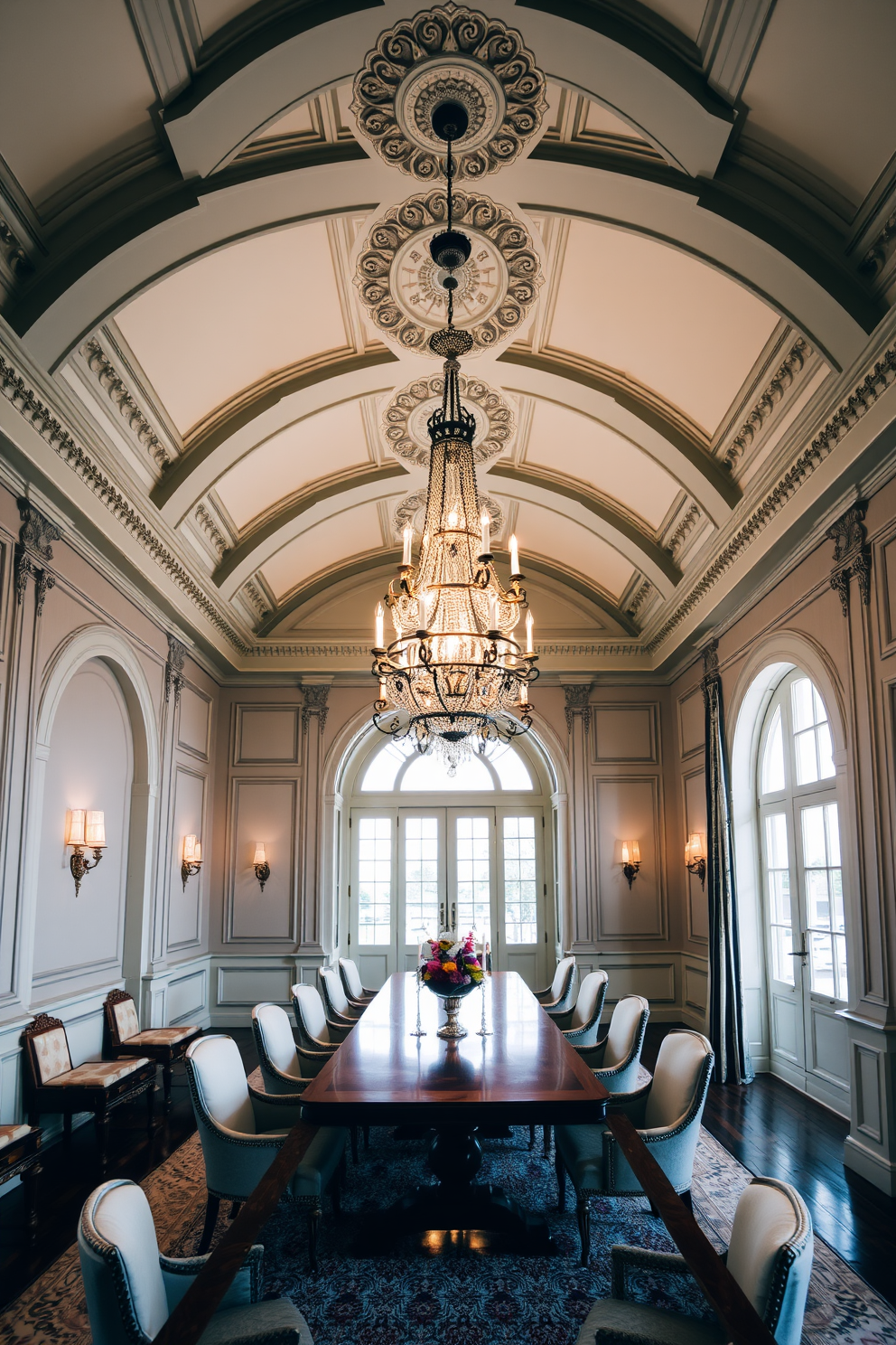 A luxurious dining room with high ceilings adorned with intricate crown molding. A grand chandelier hangs elegantly above a long, polished wooden dining table surrounded by plush upholstered chairs.