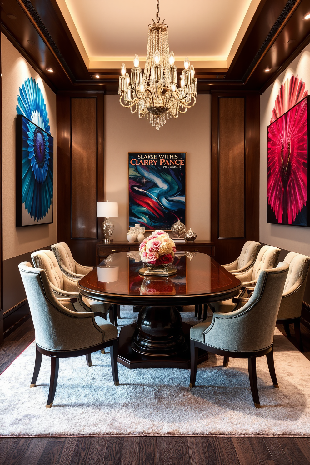 A luxury dining room featuring an elegant wooden table surrounded by plush upholstered chairs. The walls are adorned with colorful artwork that creates striking focal points, enhancing the overall ambiance of the space. A stunning chandelier hangs above the table, casting a warm glow over the room. The floor is covered with a soft area rug that complements the color palette of the artwork, unifying the design.