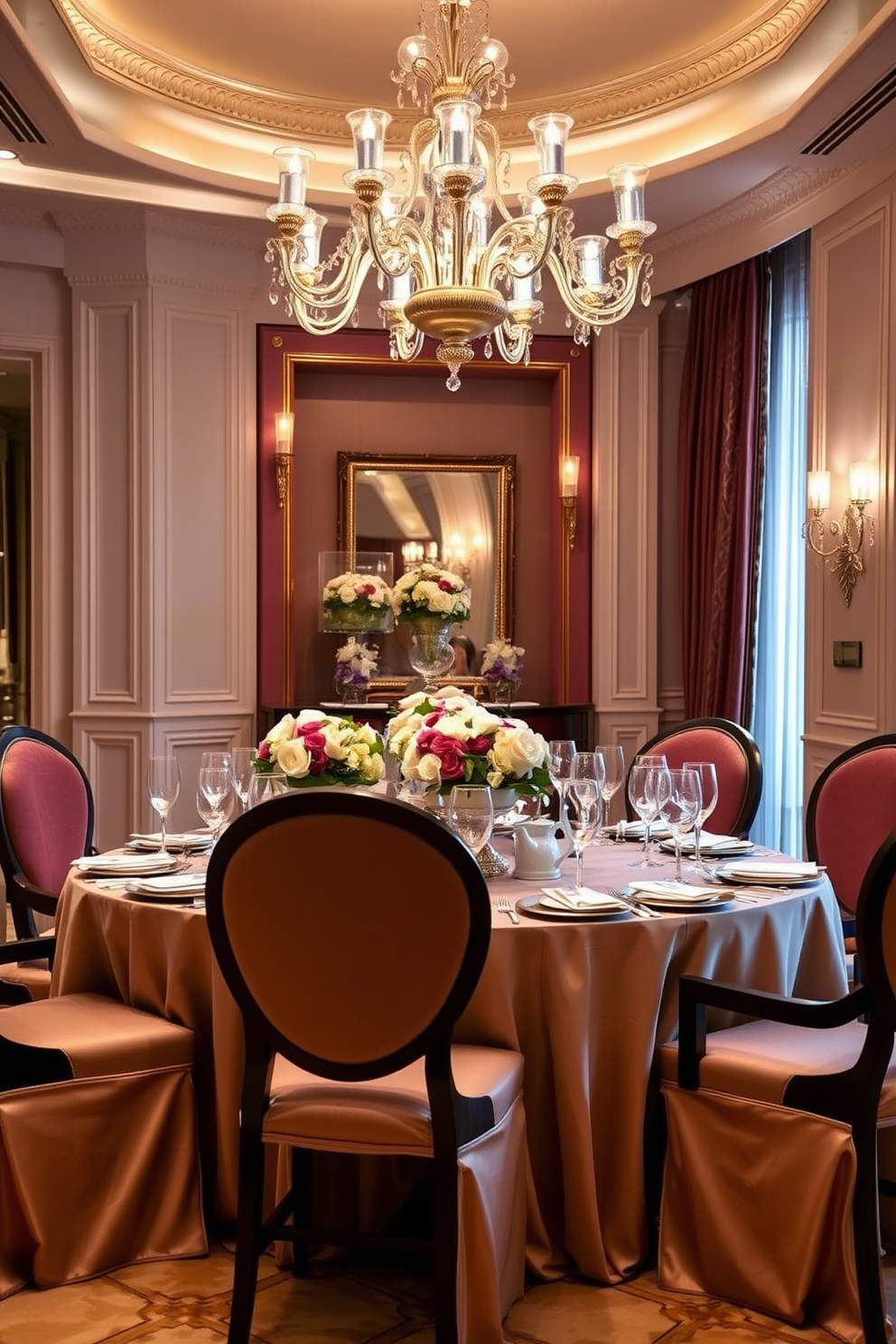 A luxurious dining room featuring an elegant table setting adorned with fine china and crystal glassware. The table is draped with a soft linen tablecloth and accented with fresh floral arrangements in exquisite vases. Surrounding the table are upholstered chairs in rich fabrics that complement the overall color scheme. Soft ambient lighting from a stunning chandelier casts a warm glow over the space, enhancing the sophisticated atmosphere.